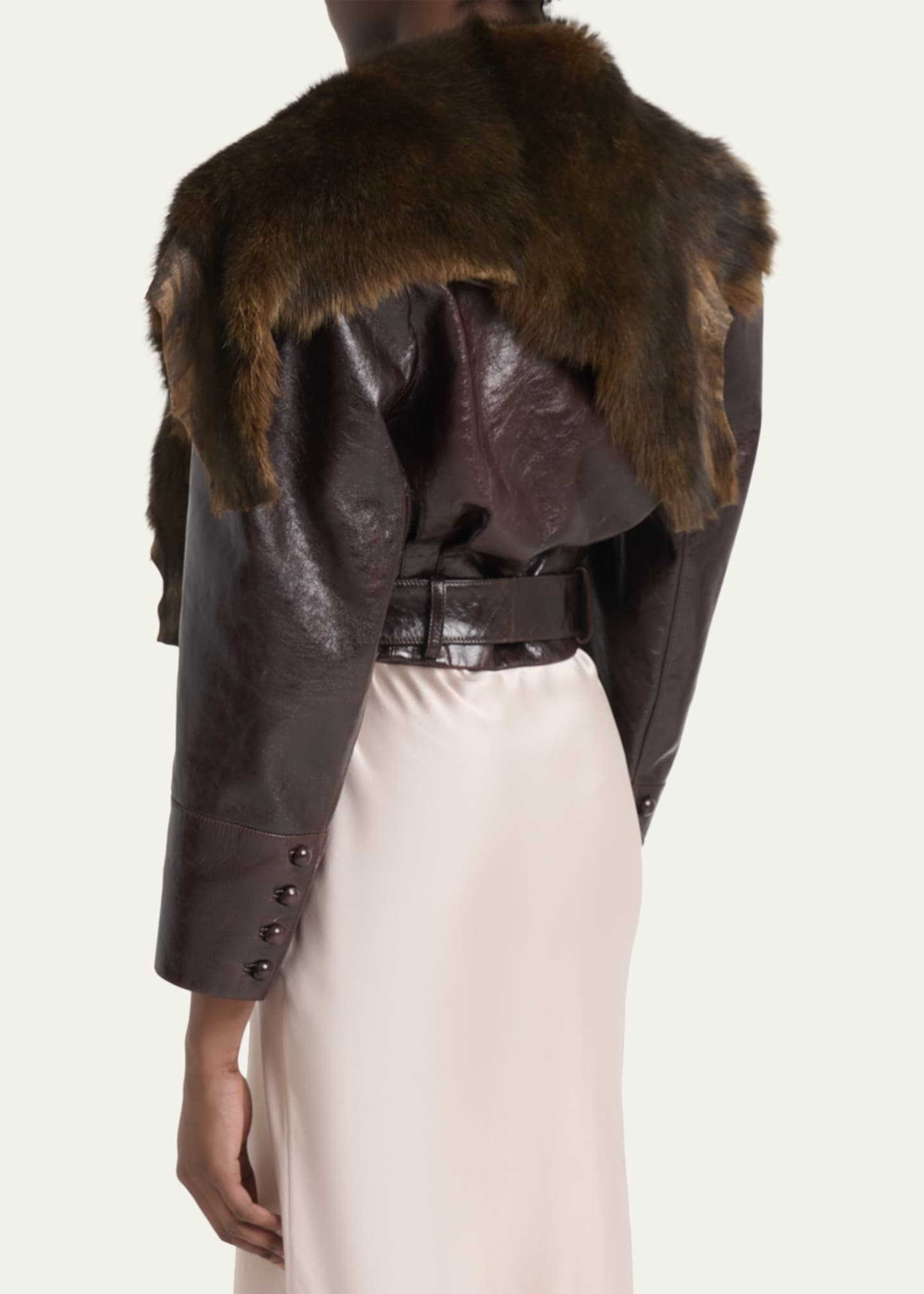 Shiny Leather Crop Moto Jacket With Removable Lamb Shearling Collar