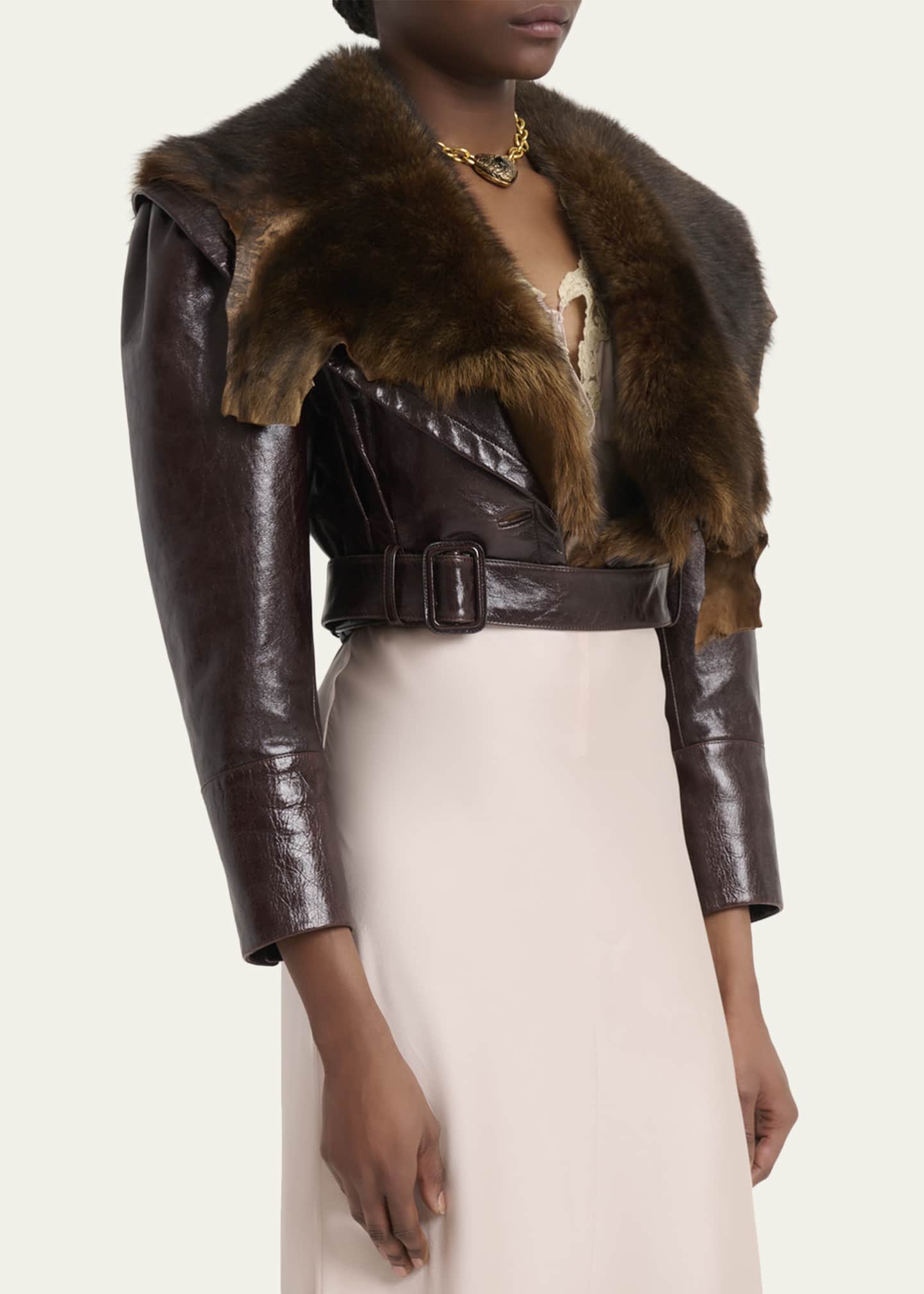 Shiny Leather Crop Moto Jacket With Removable Lamb Shearling Collar