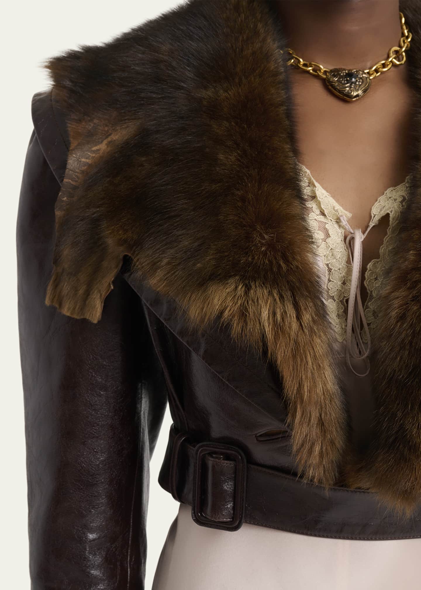 Shiny Leather Crop Moto Jacket With Removable Lamb Shearling Collar