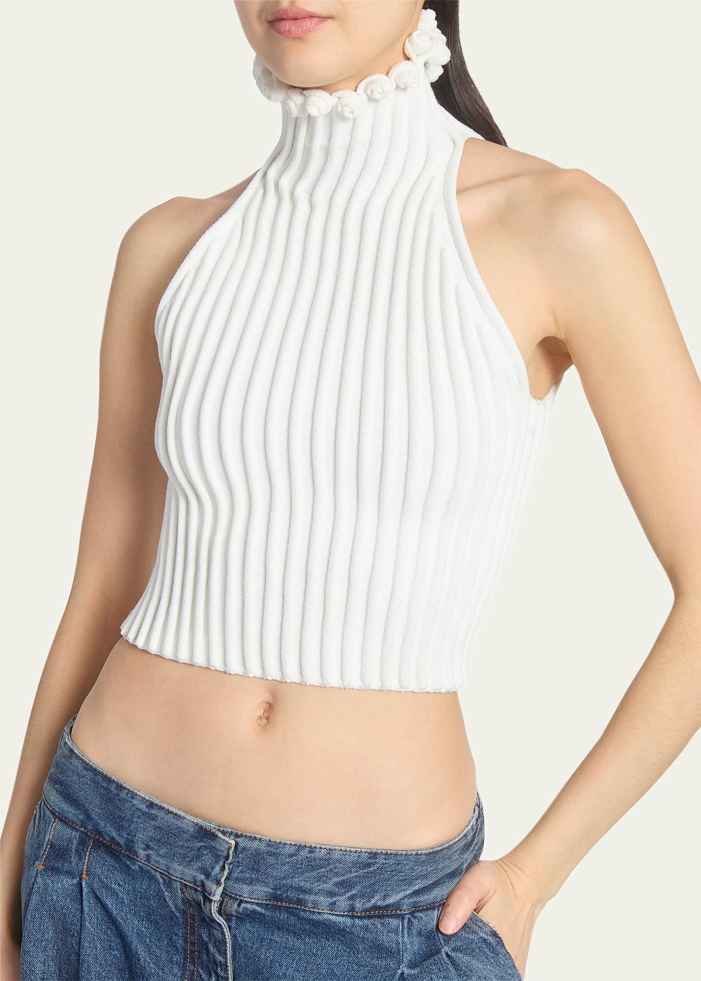 ALAIA Ribbed Knit Curled Trim Halter Top - Bergdorf Goodman