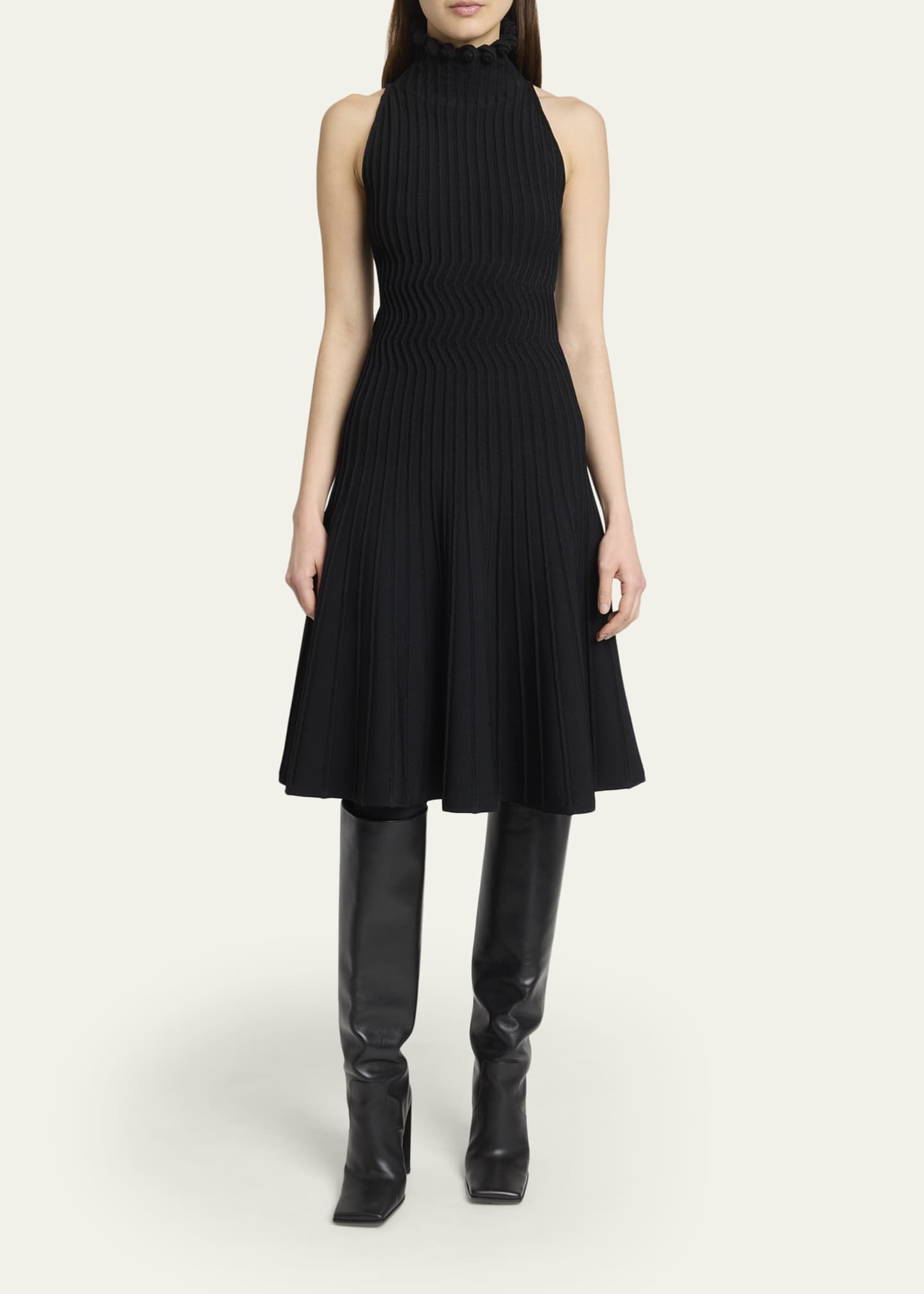 Alaa Black Ribbed Knit curled High Neck Dress Size 4