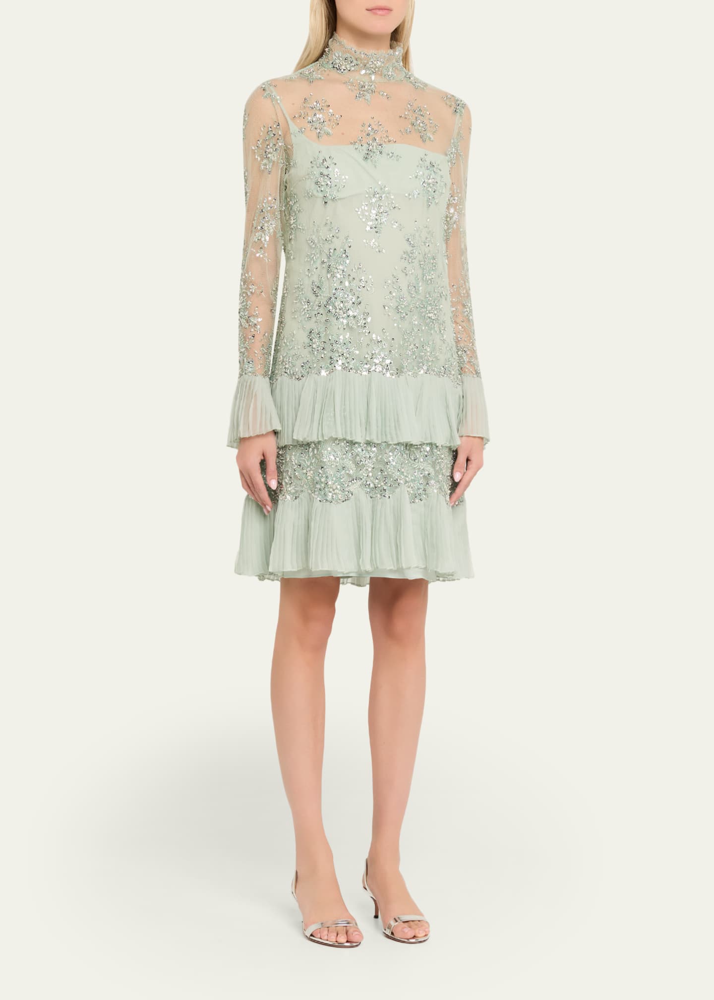 valentino floral lace dress Valentino Garavani Floral Embroidered Long-Sleeve Ruffle Mini Dress