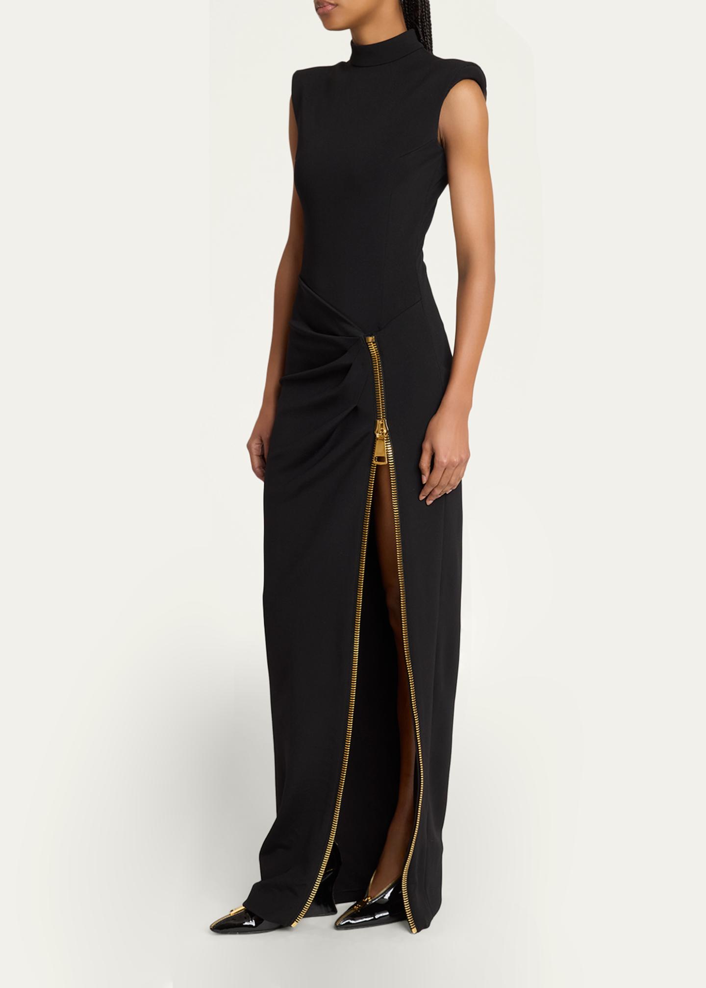 Balmain Mock-Neck Zip Slit Sleeveless Gown - Bergdorf Goodman