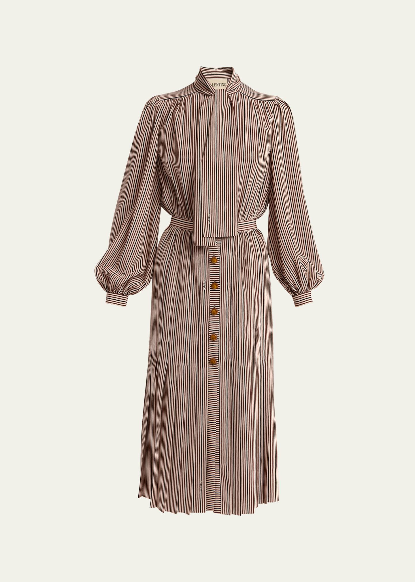 Valentino Garavani Striped Neck-Scarf Balloon-Sleeve Midi