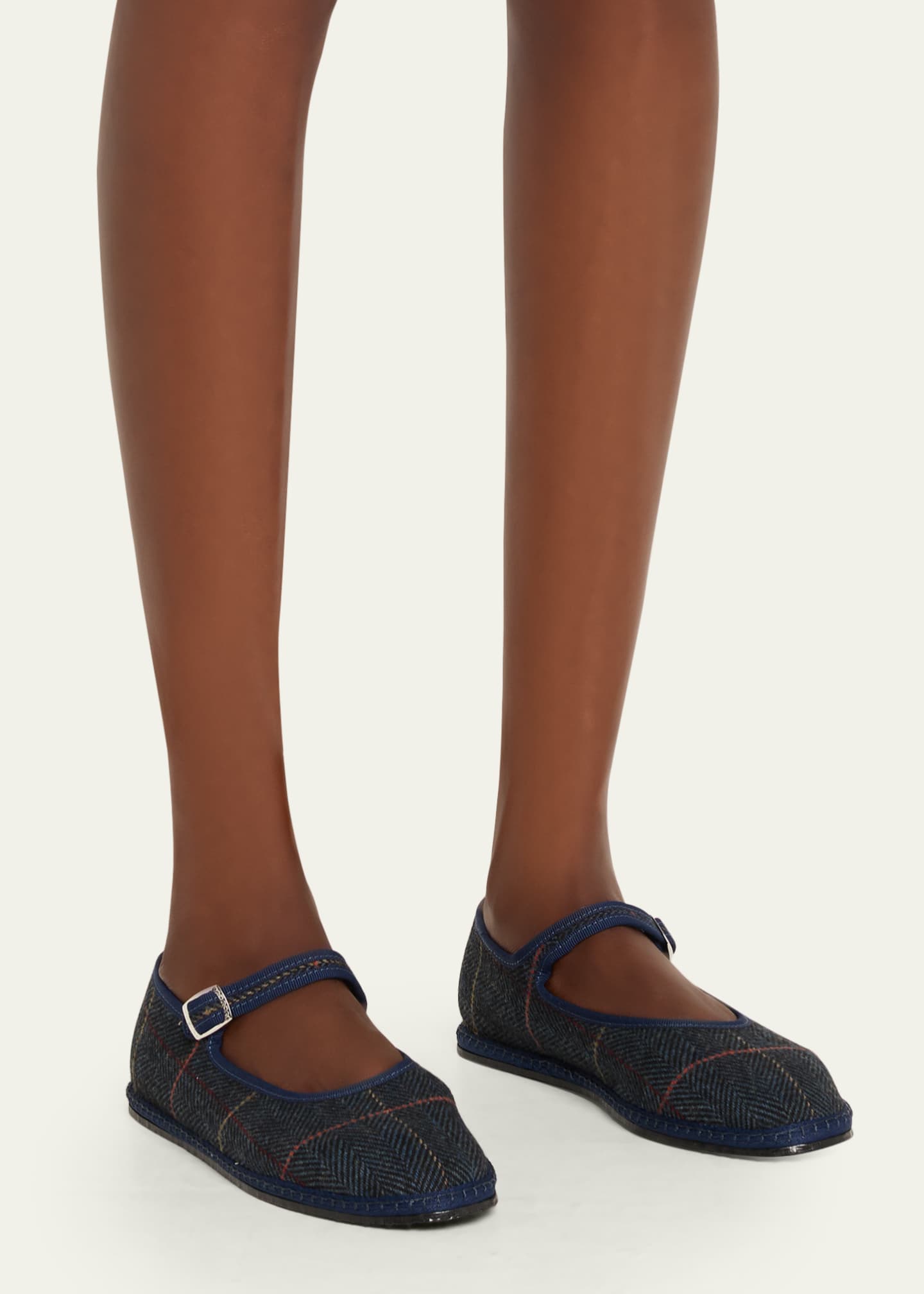 Mary Jane Plaid Herringbone Wool-Blend Flats
