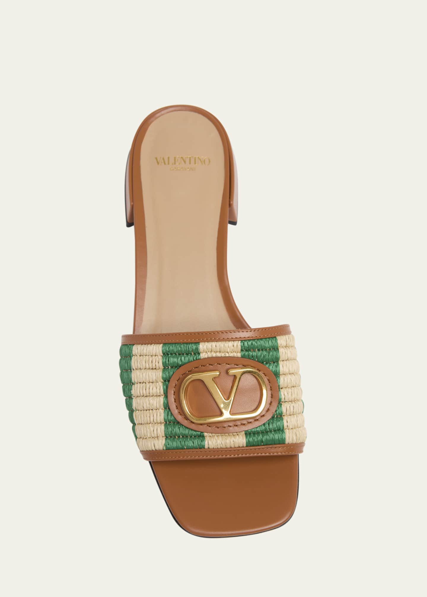 Valentino Garavani 20mm VLogo Leather and Striped Raffia Mule