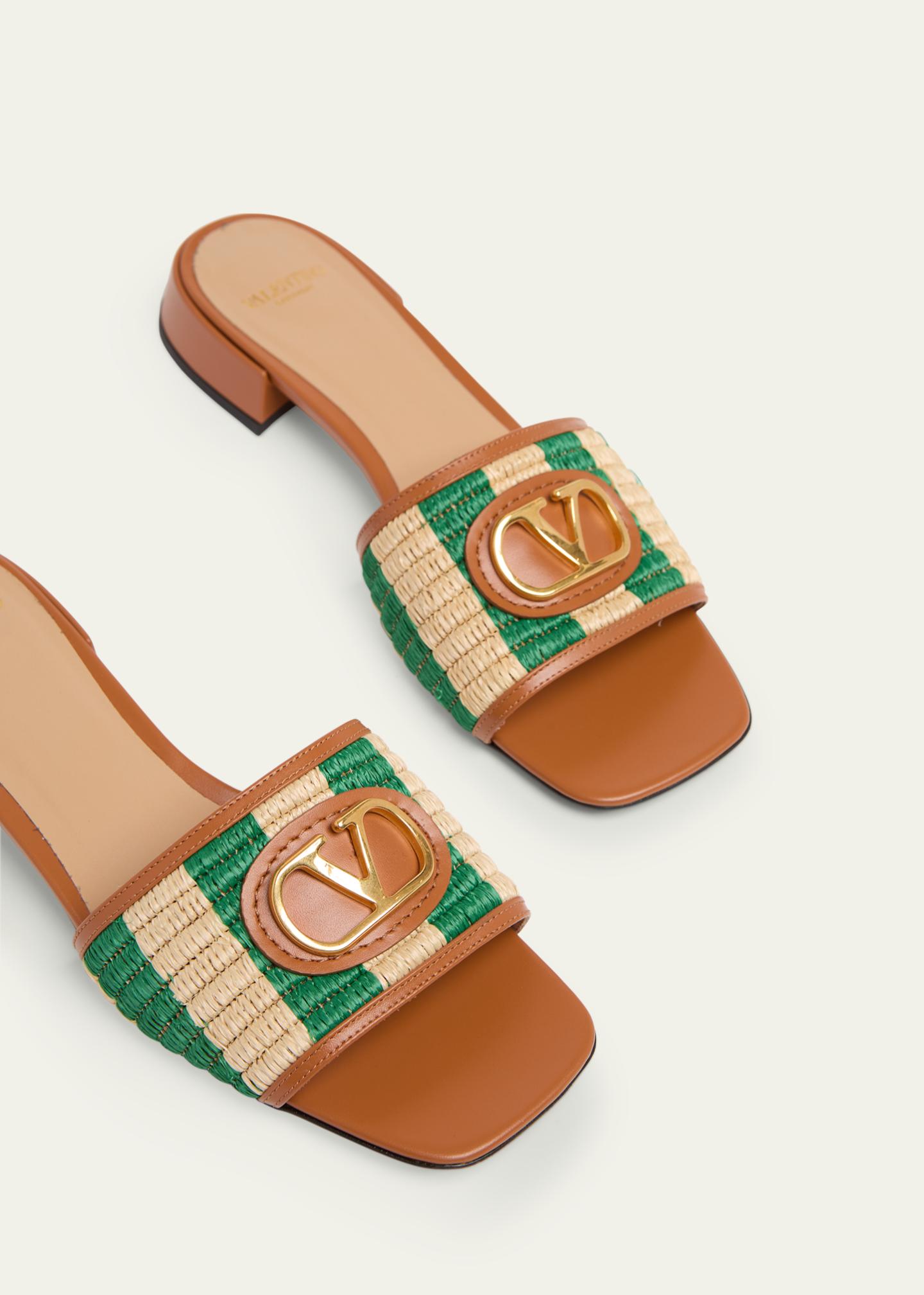 Valentino Garavani 20mm VLogo Leather and Striped Raffia Mule