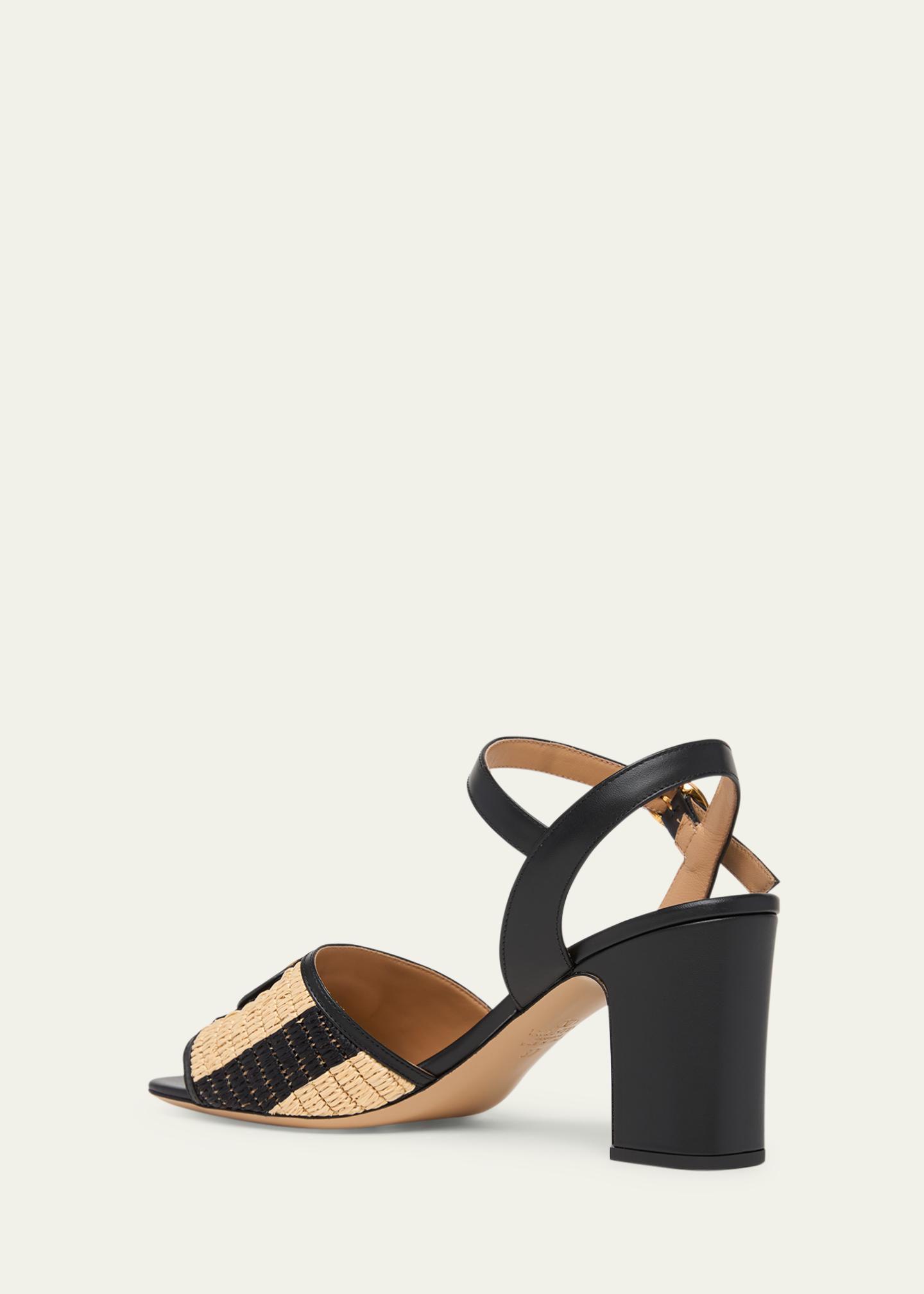 Valentino Garavani 75mm VLogo Leather and Striped Raffia Ankle