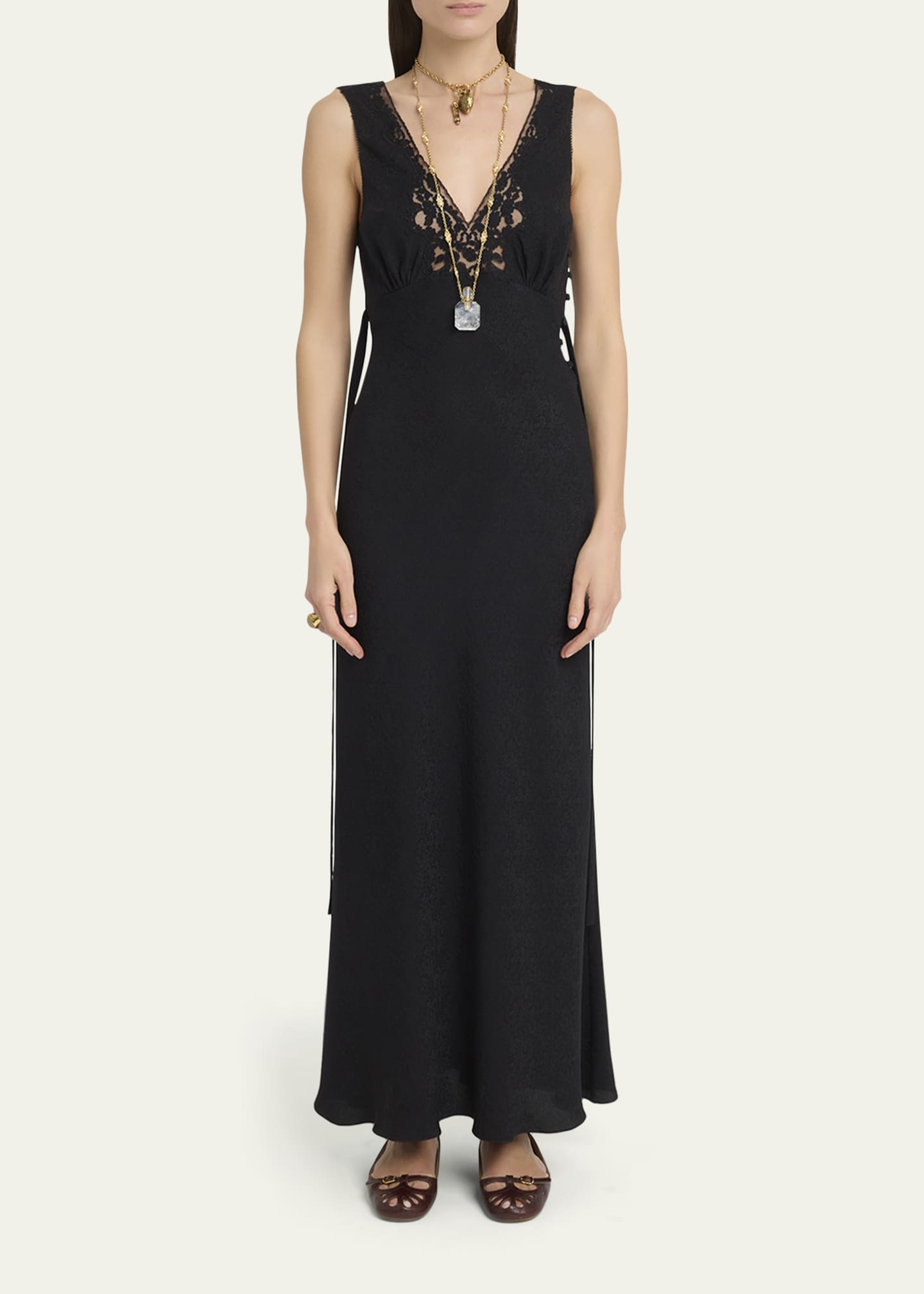 Chlo - Sleeveless Column dress in Silk Jacquard & Lace - Black - 36 - Silk