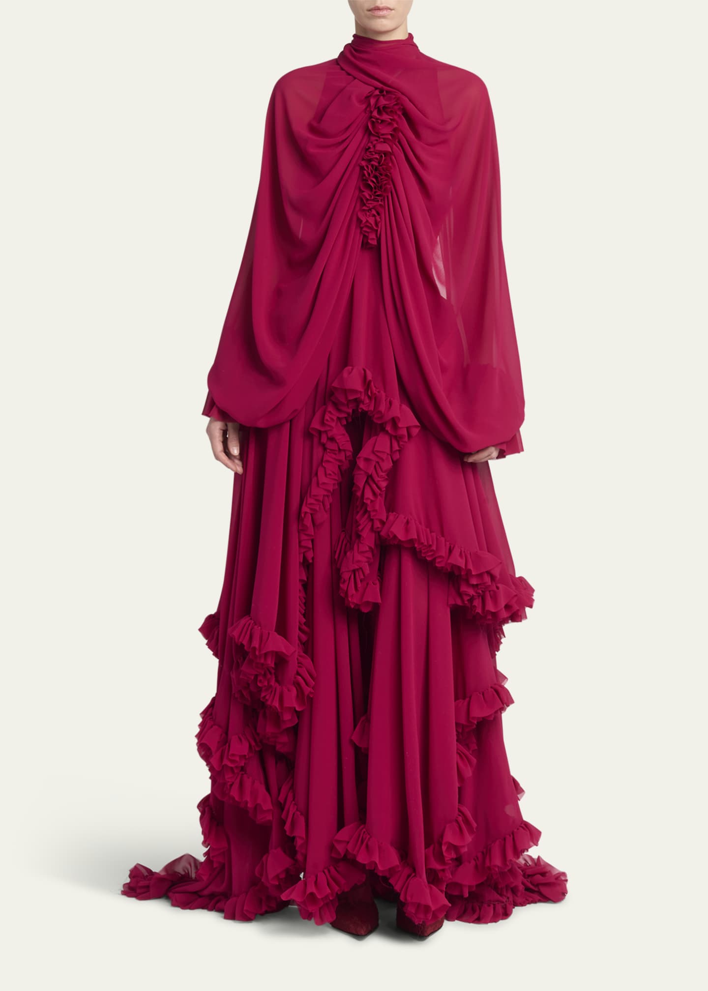 Draped Open-Back Ruffle Cape Gown
