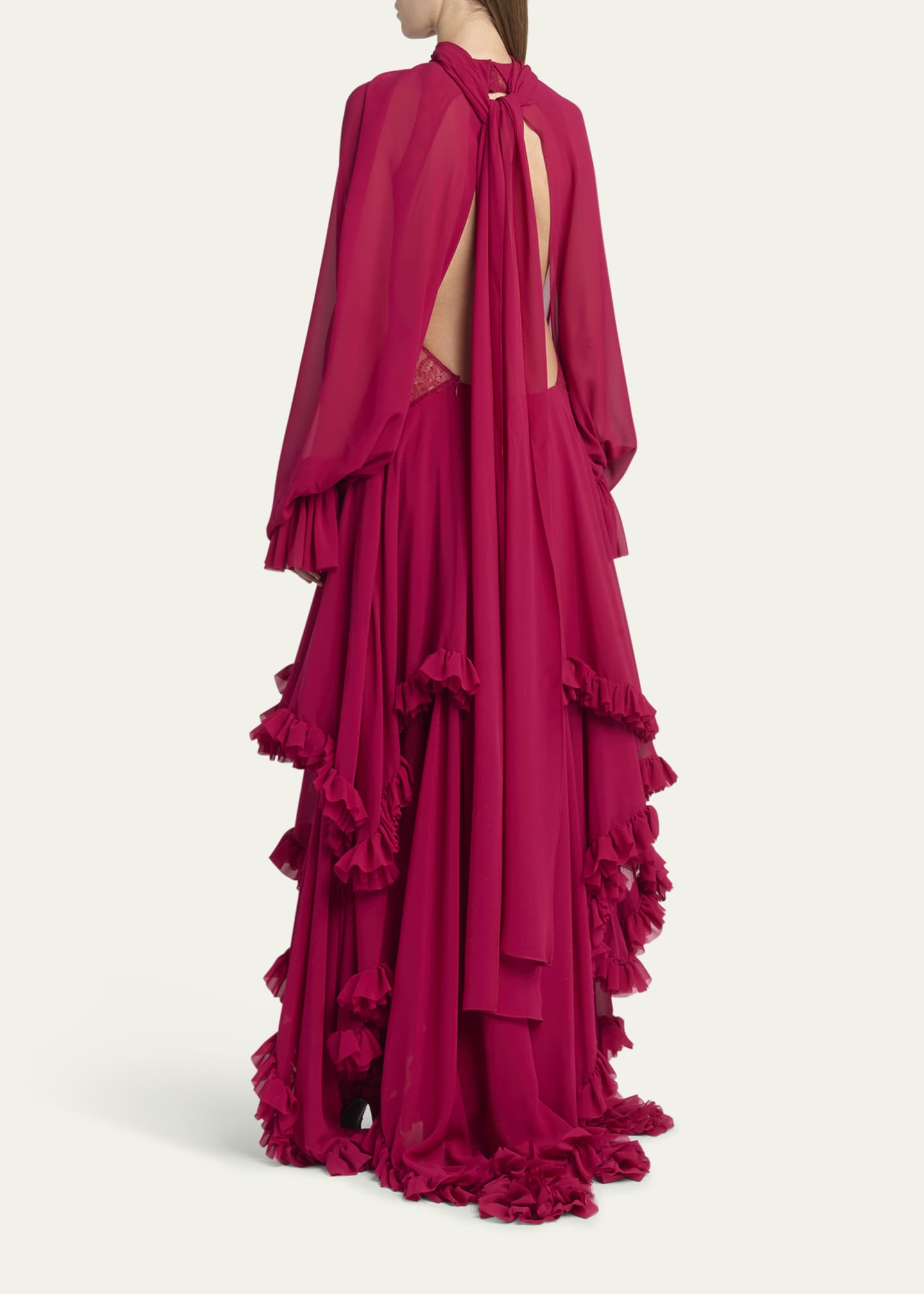 Draped Open-Back Ruffle Cape Gown