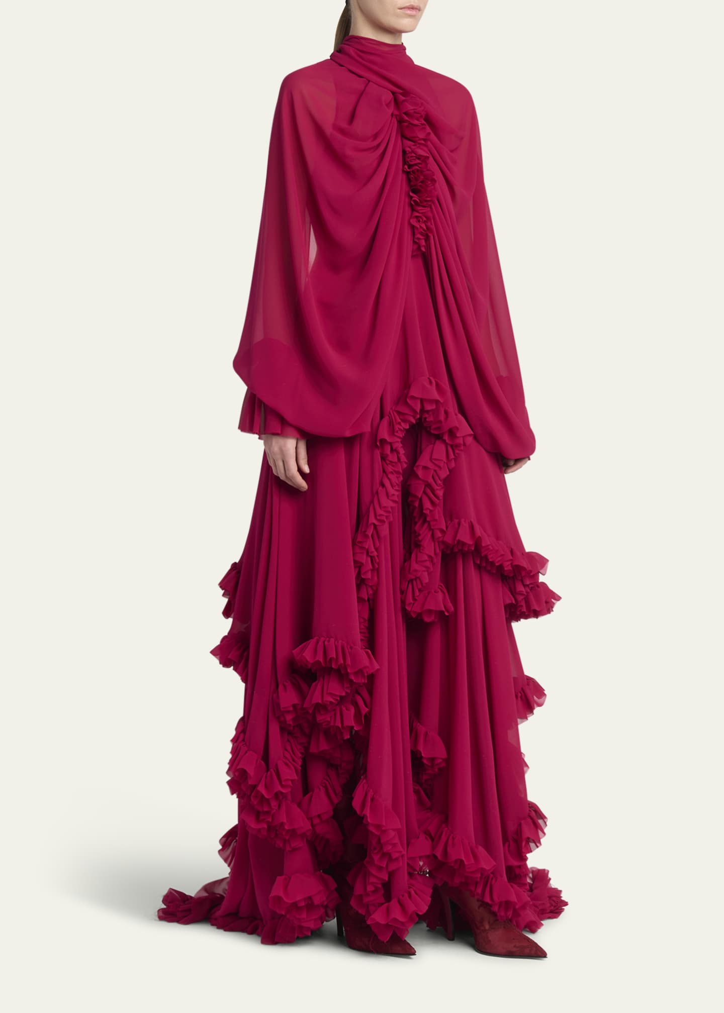 Draped Open-Back Ruffle Cape Gown