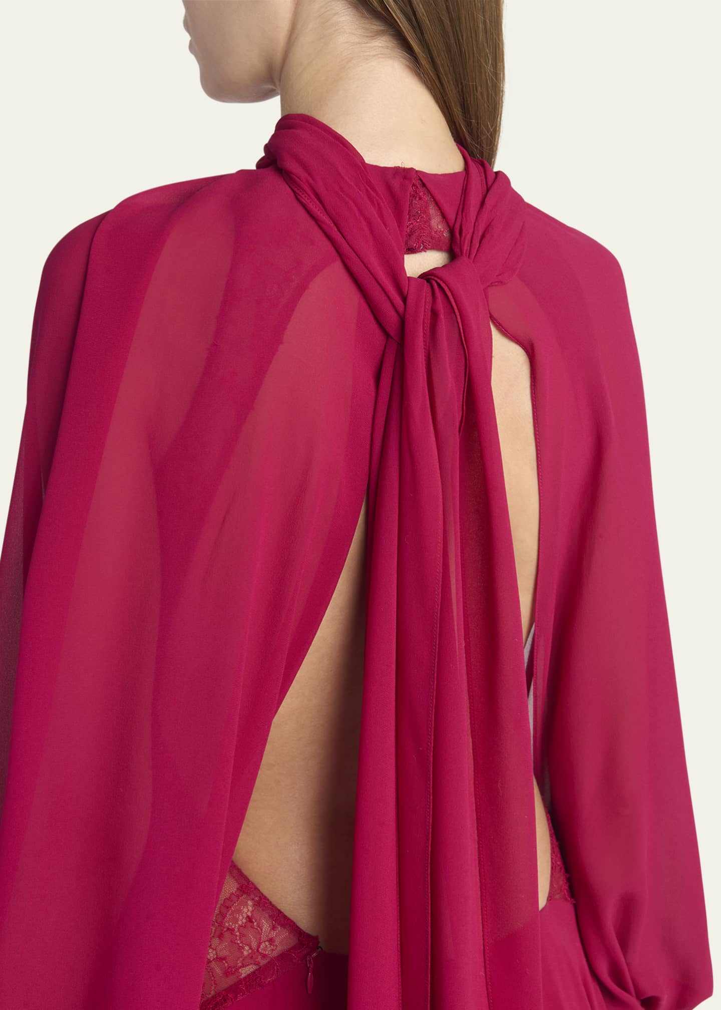 Draped Open-Back Ruffle Cape Gown