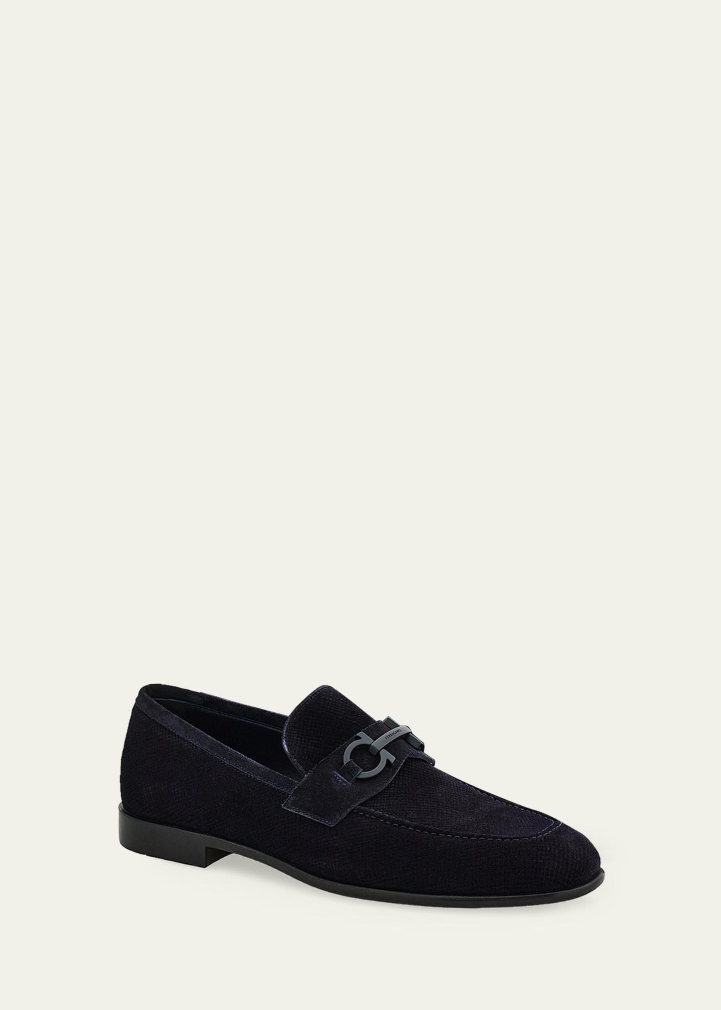 FERRAGAMO Men's Foster Textured Suede Gancini Bit Loafers