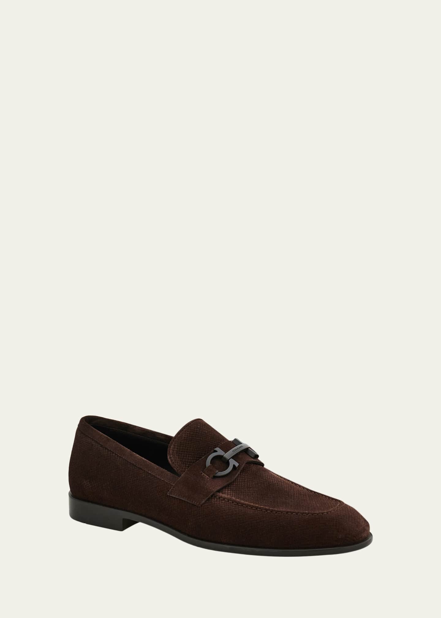 Ferragamo Men's Foster Textured Suede Gancini Bit Loafers