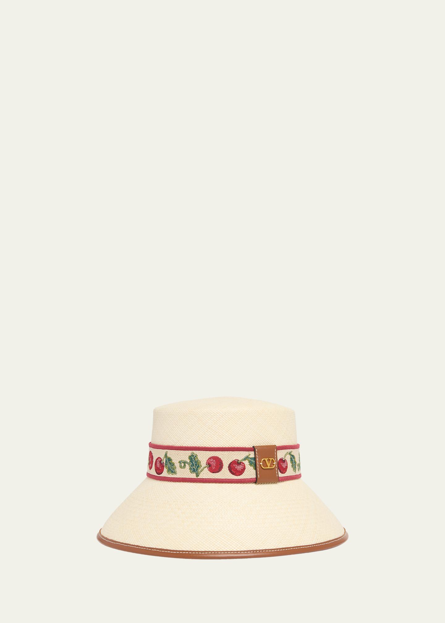 Valentino Garavani Cherry Embroidered Straw Bucket Hat 