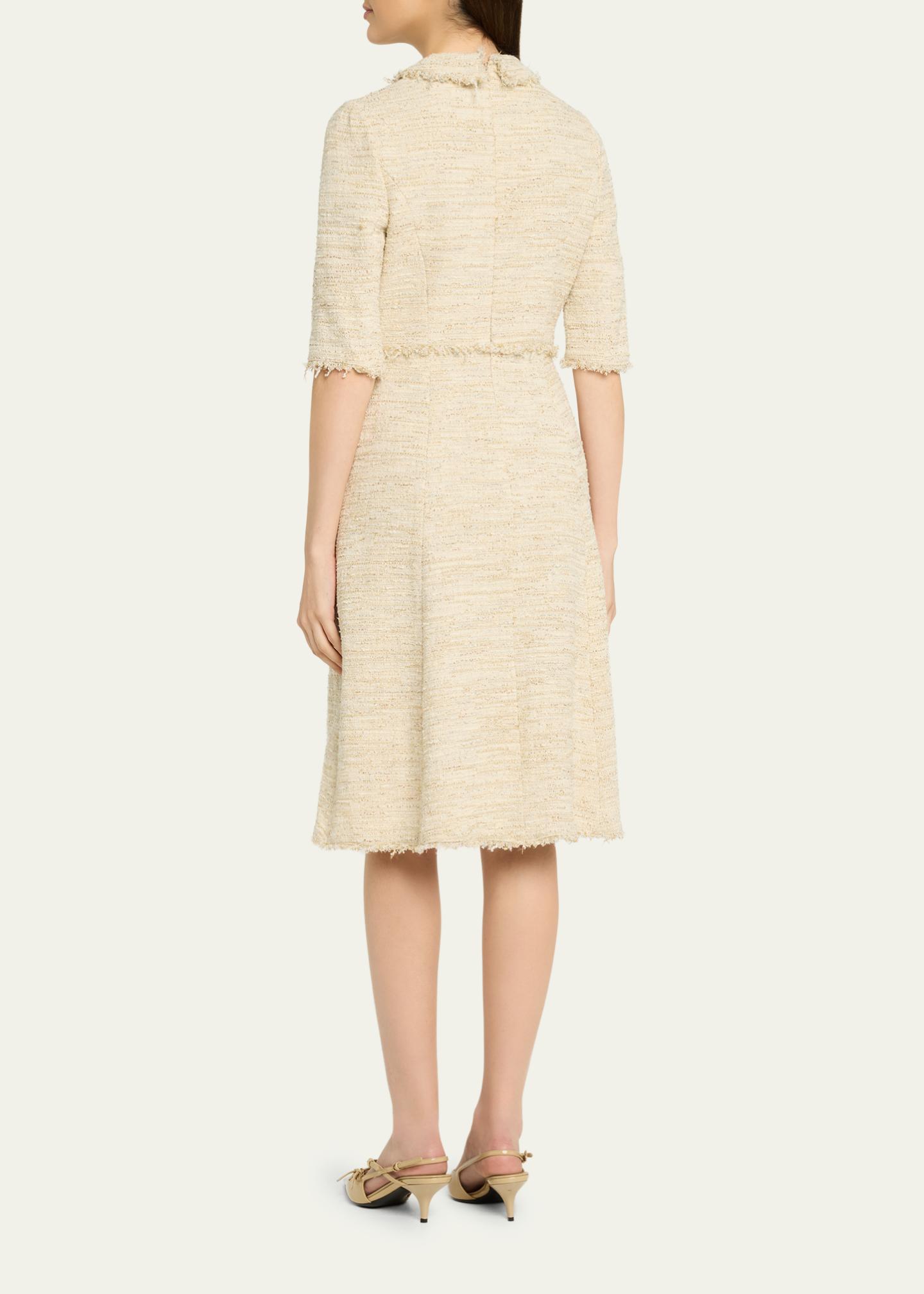 knee length tweed dress Rickie Freeman for Teri Jon Fringe-Trim Metallic tweed dress style