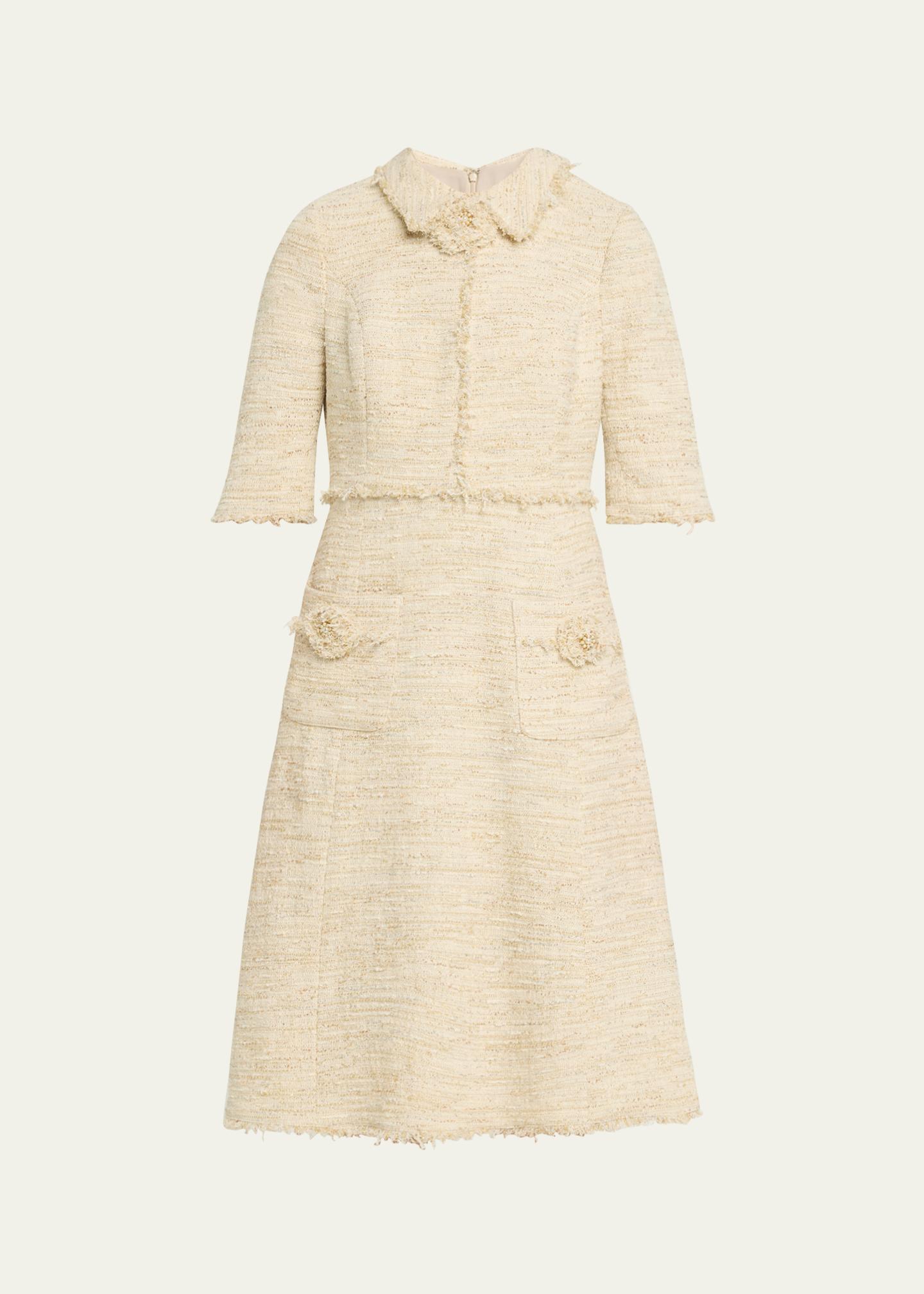 Rickie Freeman for Teri Jon Fringe-Trim Metallic Tweed Dress