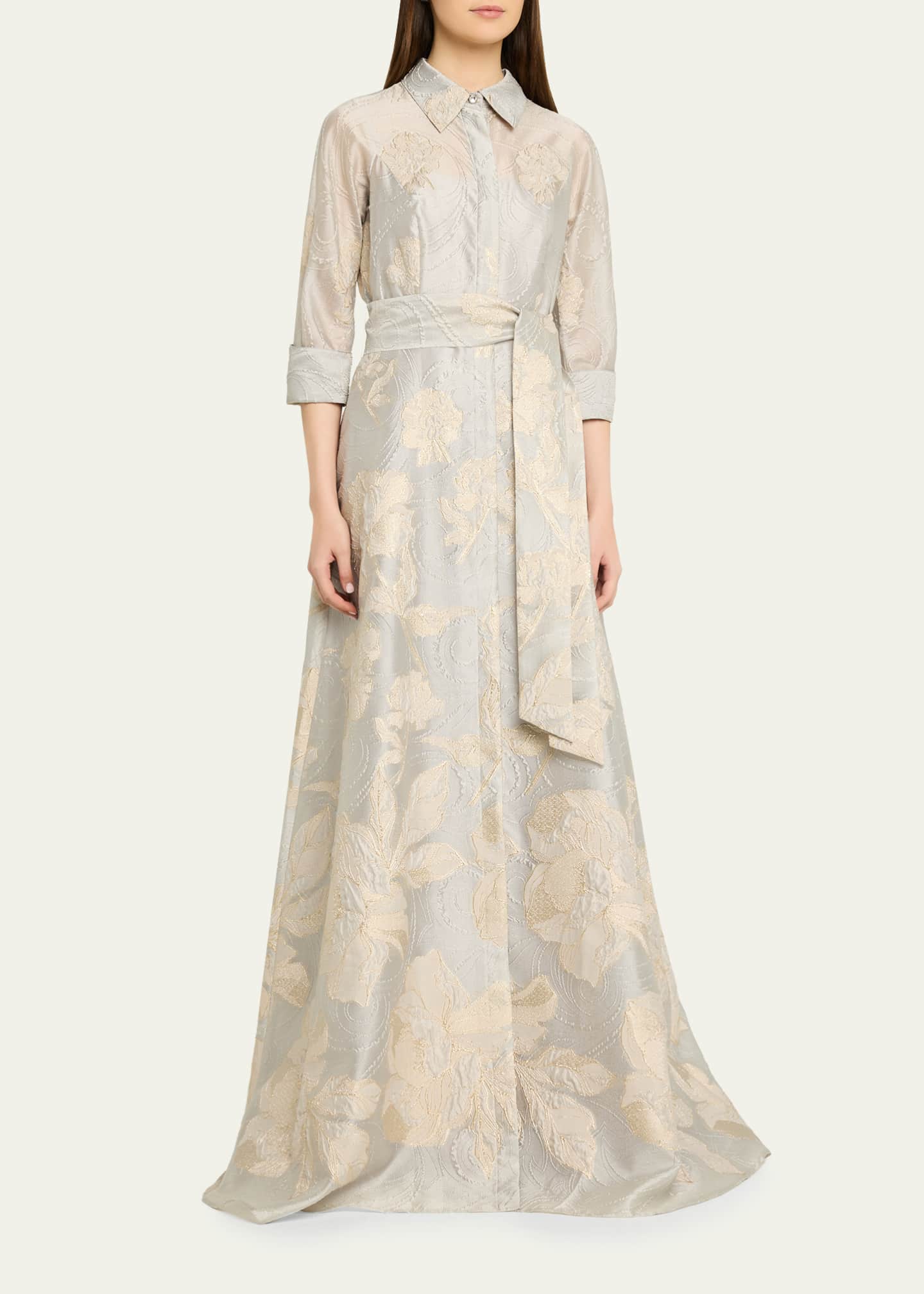 teri jon by rickie freeman metallic jacquard shirt dress gown Rickie Freeman For Teri Jon Metallic Floral Jacquard Shirt Gown, Platnum Gold, Women's, 8, Evening Gowns