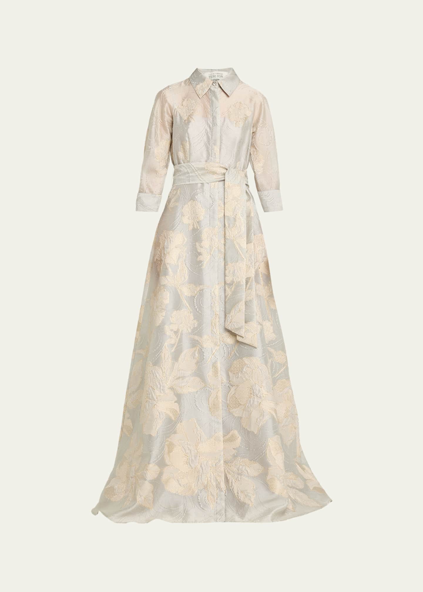 rickie freeman shirt dress Rickie Freeman for Teri Jon Tie-Waist Jacquard Organza Shirt Gown, Blue Blue, Women's, 12, Evening Formal Gala Gowns Mother of the Bride Groom Evening