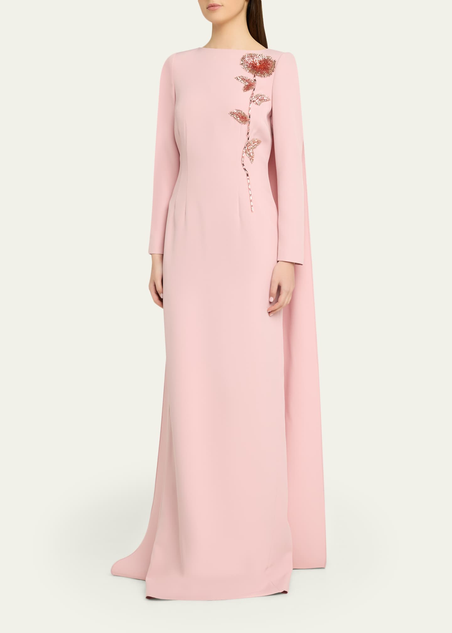 Rickie Freeman For Teri Jon Beaded Floral Crepe Column Gown With Cape, Rose Pink, Women's, 8, Column Gowns