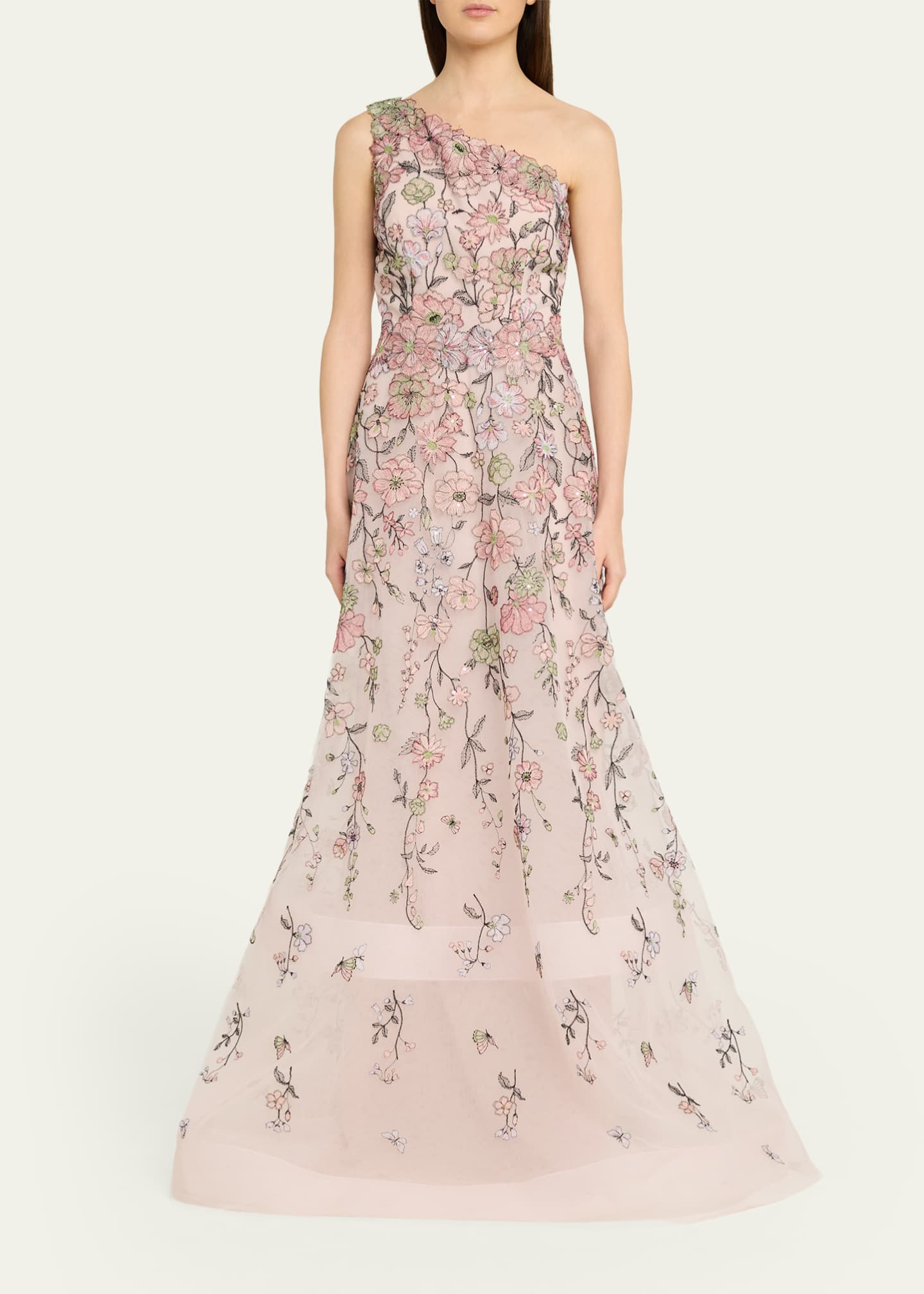 Rickie Freeman for Teri Jon One-Shoulder Embroidered Tulle Gown
