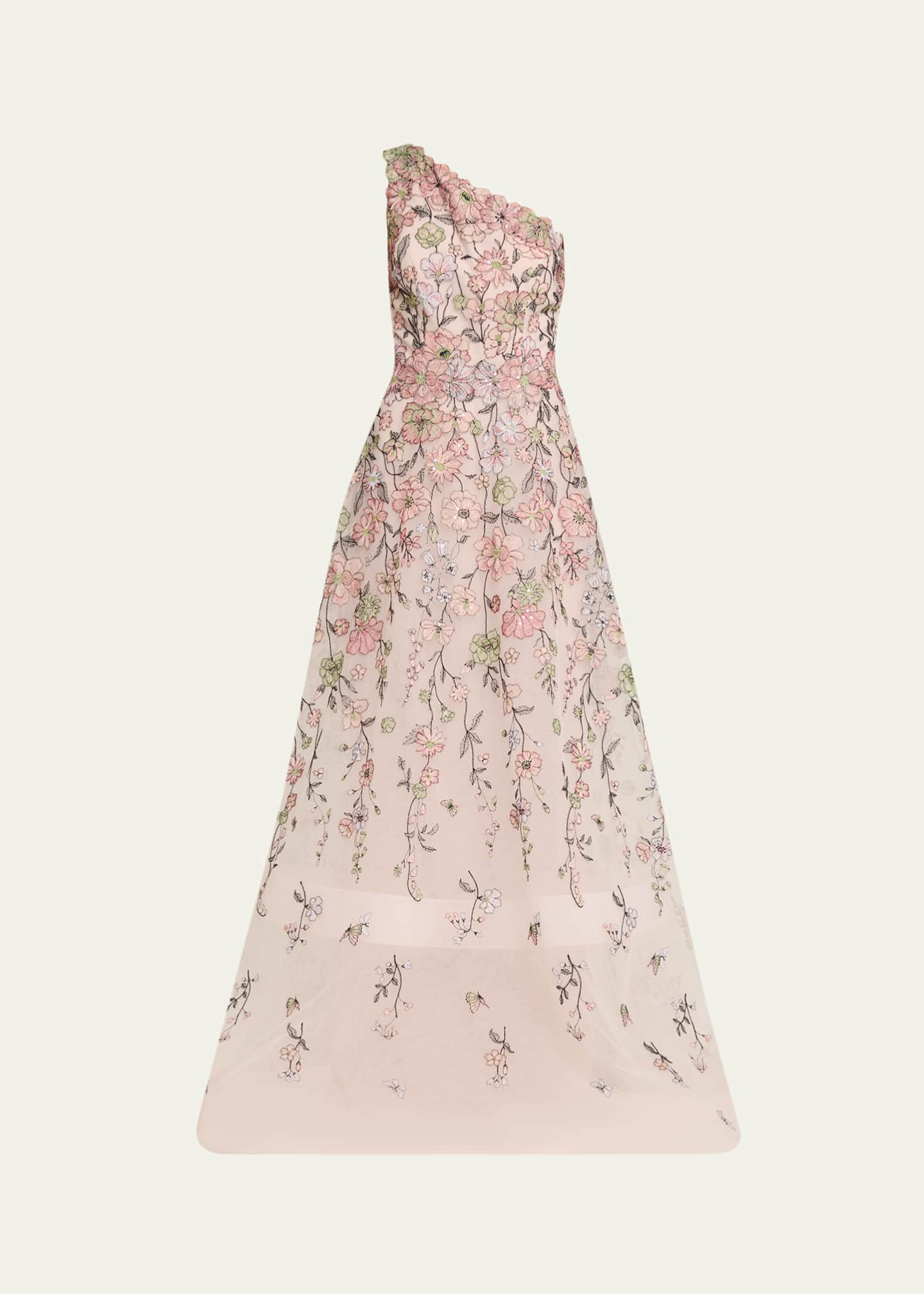 Rickie Freeman for Teri Jon One-Shoulder Embroidered Tulle Gown - Bergdorf  Goodman