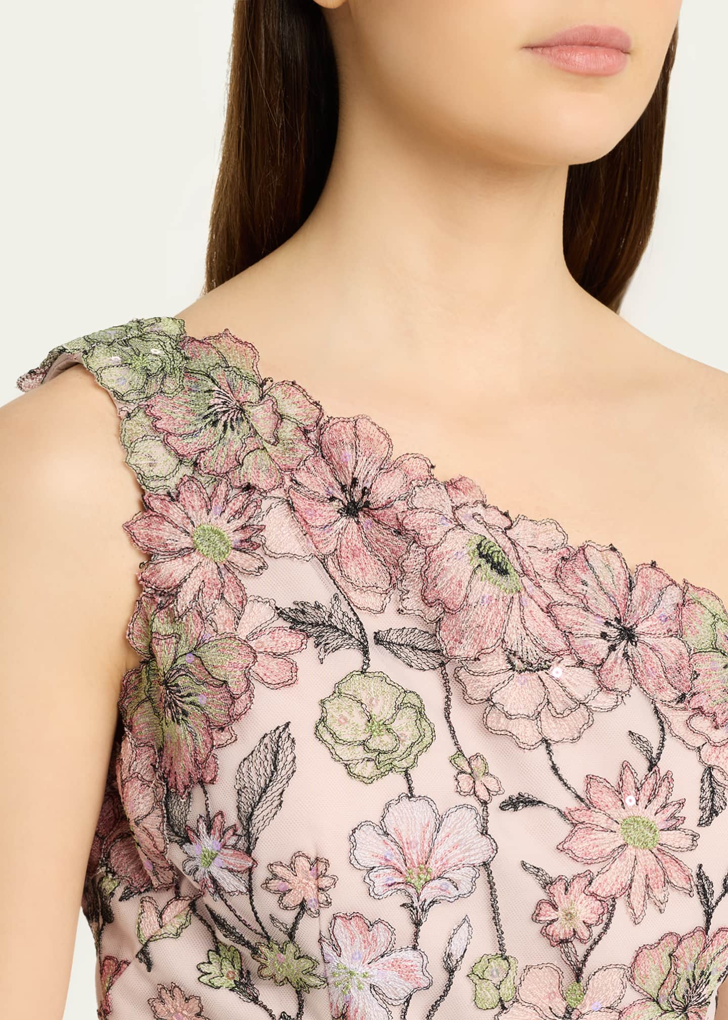 rickie freeman for teri jon floral-embroidered tulle dress Teri Jon Floral Embroidered Tulle Elbow Sleeve Gown - Sage Multi