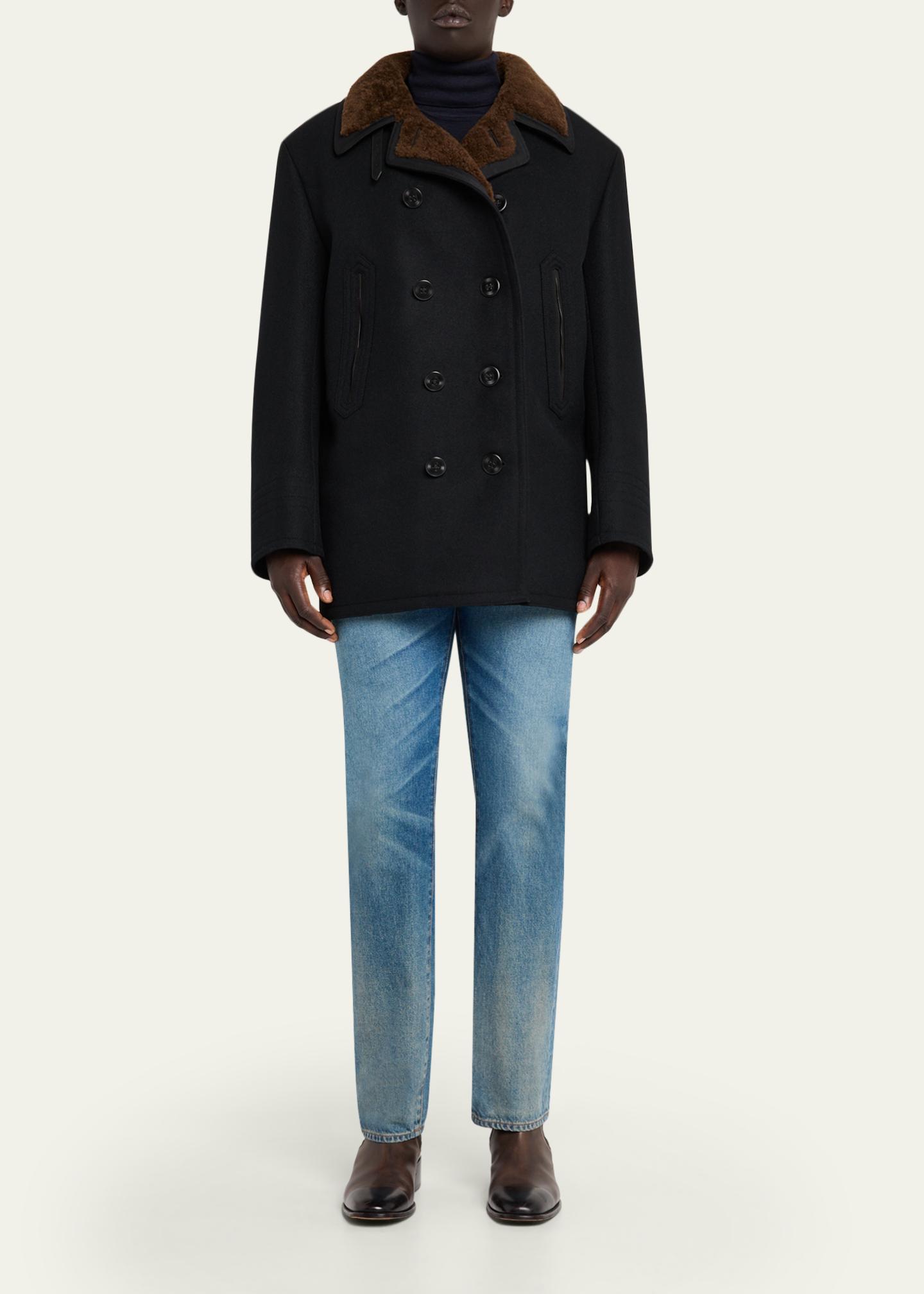 TOM FORD Men's Melton Wool Shearling Double-Breasted Peacoat