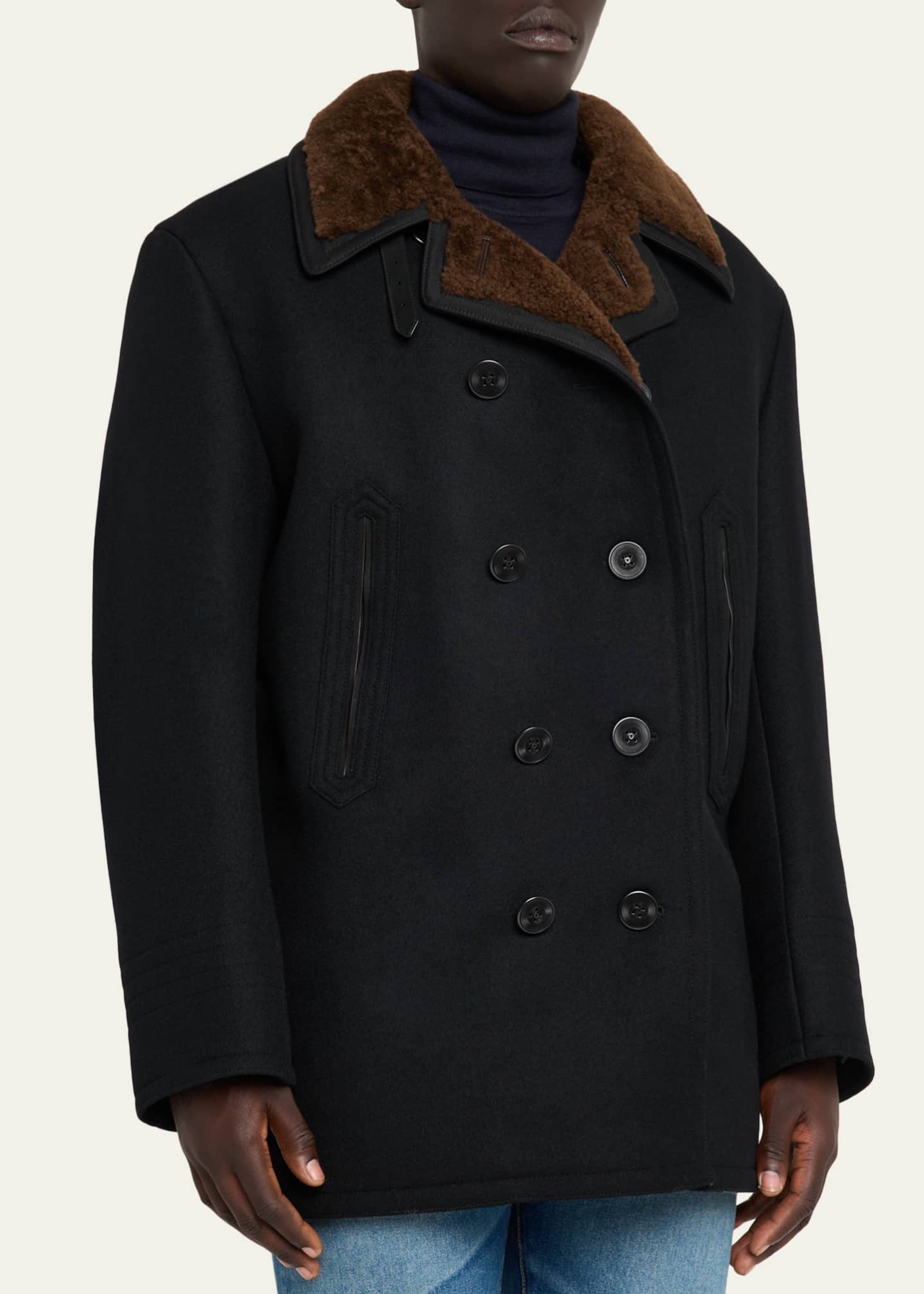 TOM FORD Men's Melton Wool Shearling Double-Breasted Peacoat