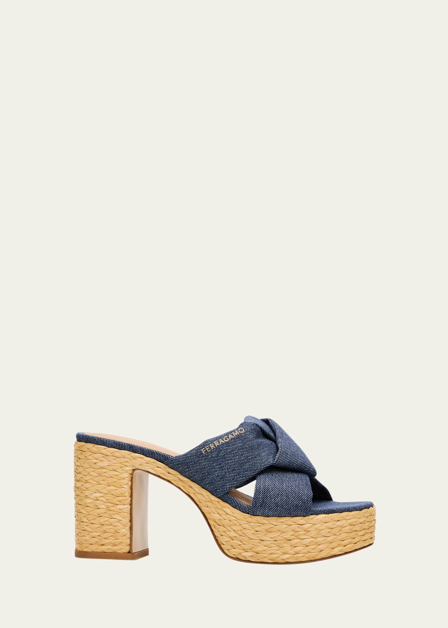 Salvatore Ferragamo デニム フラットシューズ Ferragamo 85mm Douglas Platform Denim Mule Sandals - Bergdorf Goodman