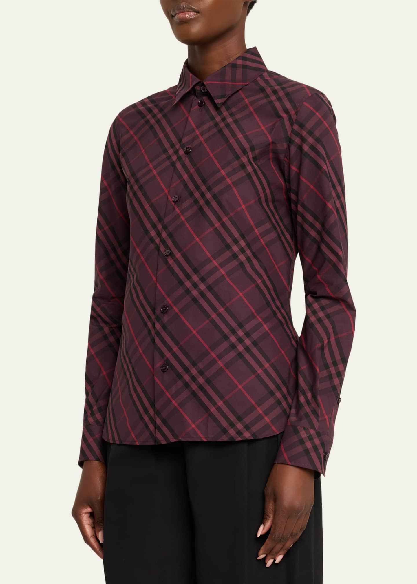 Burberry Slim Fit Check Cotton Shirt Wine Red, Size: 0