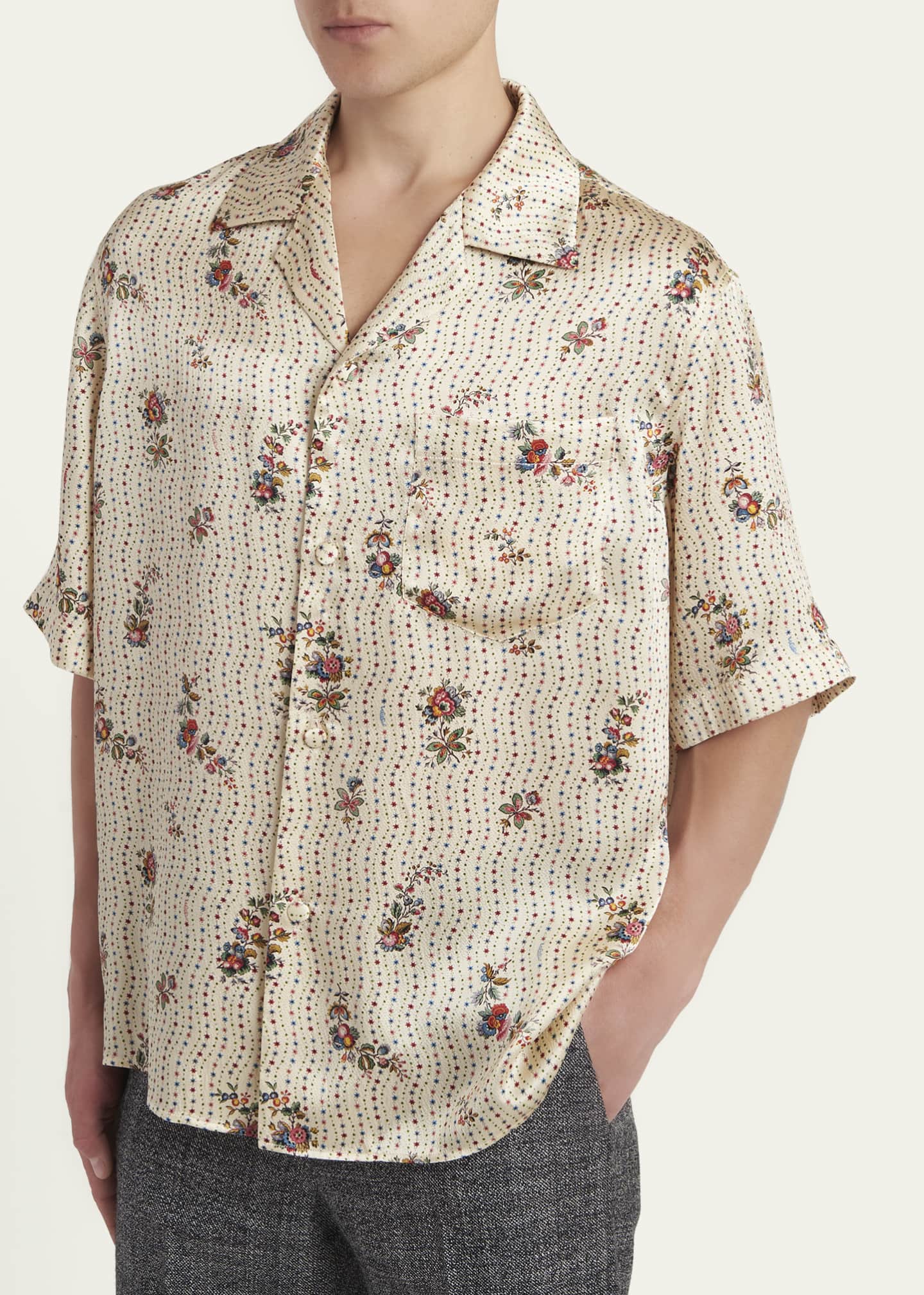 Valentino Garavani Men's Silk Papier Floral Boxy-Fit Bowling Shirt