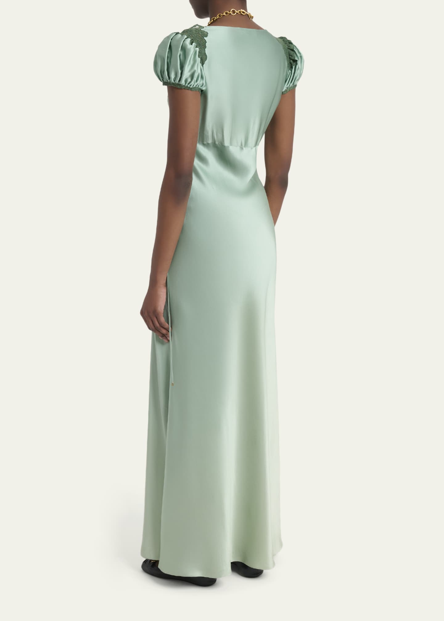 Chloe Lace-Trimmed Silk Satin Puff-Sleeve Dress, Blurred Green, Women's, 8, Cocktail & Party Wedding Guest Dresses Balloon Puff Sleeve Dresses
