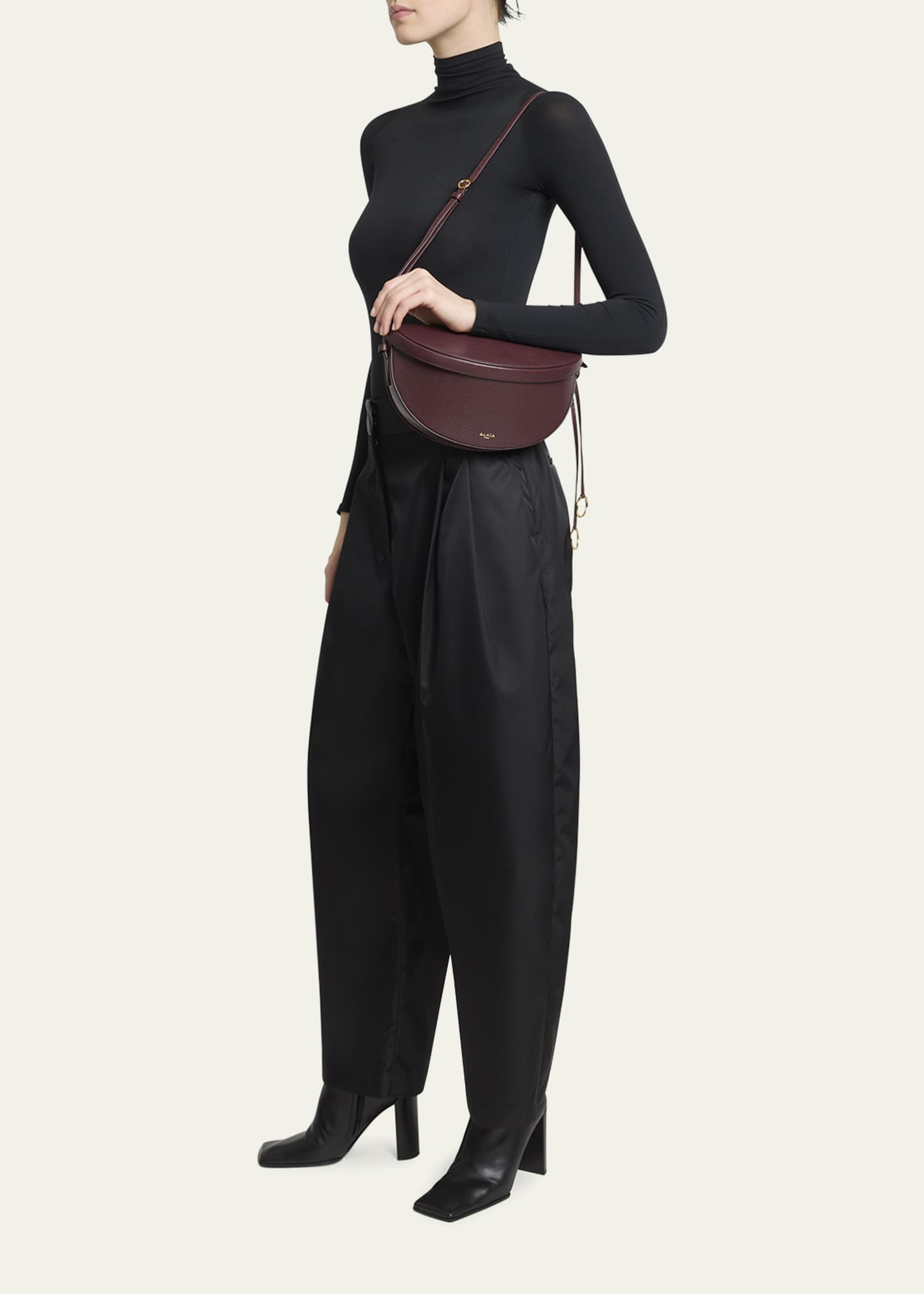 East-West Curved Goatskin Leather Shoulder Bag