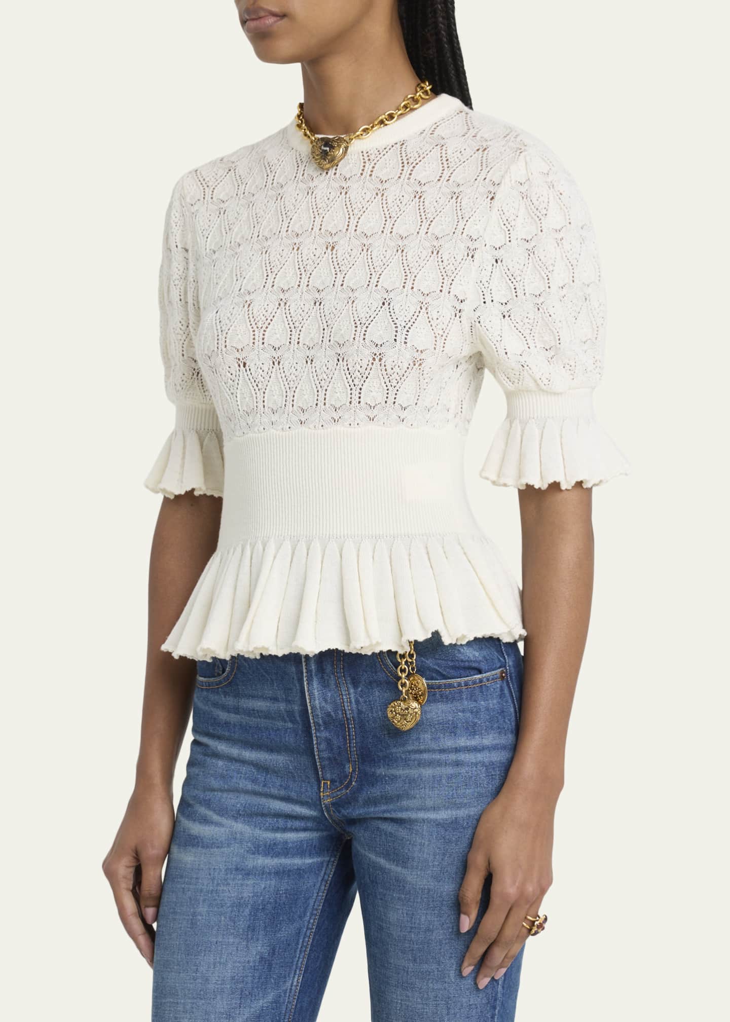 Chloe Short-Sleeve Pointelle Peplum Sweater, Iconic Milk, Women's, L, Sweaters