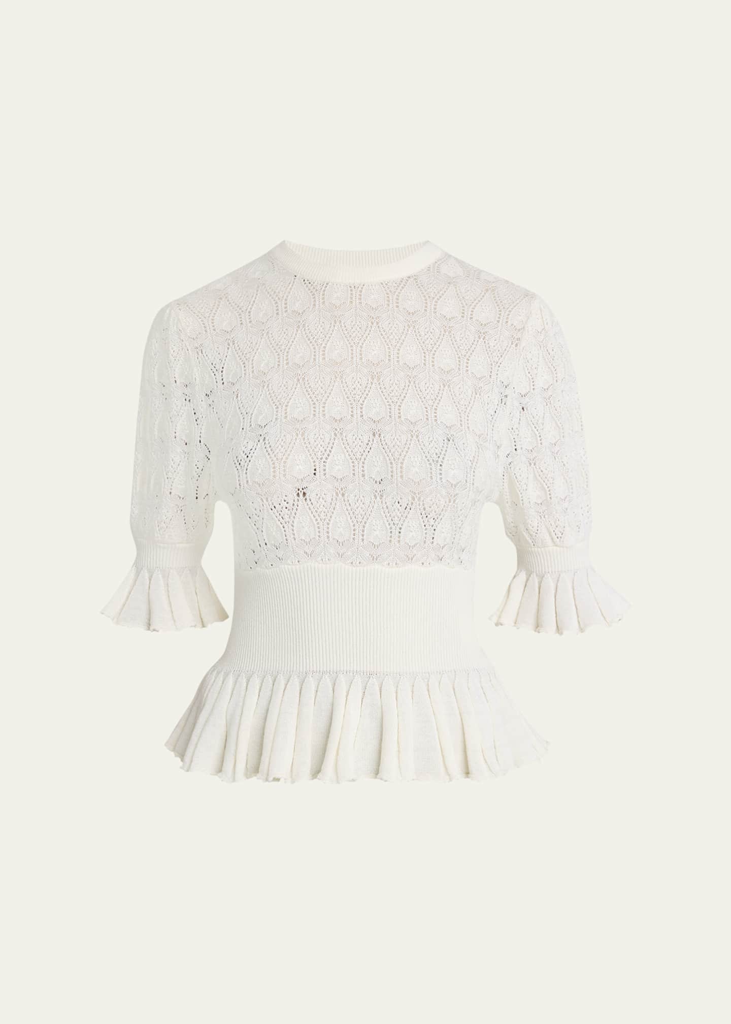 Chloe Short-Sleeve Pointelle Peplum Sweater, Iconic Milk, Women's, L, Sweaters