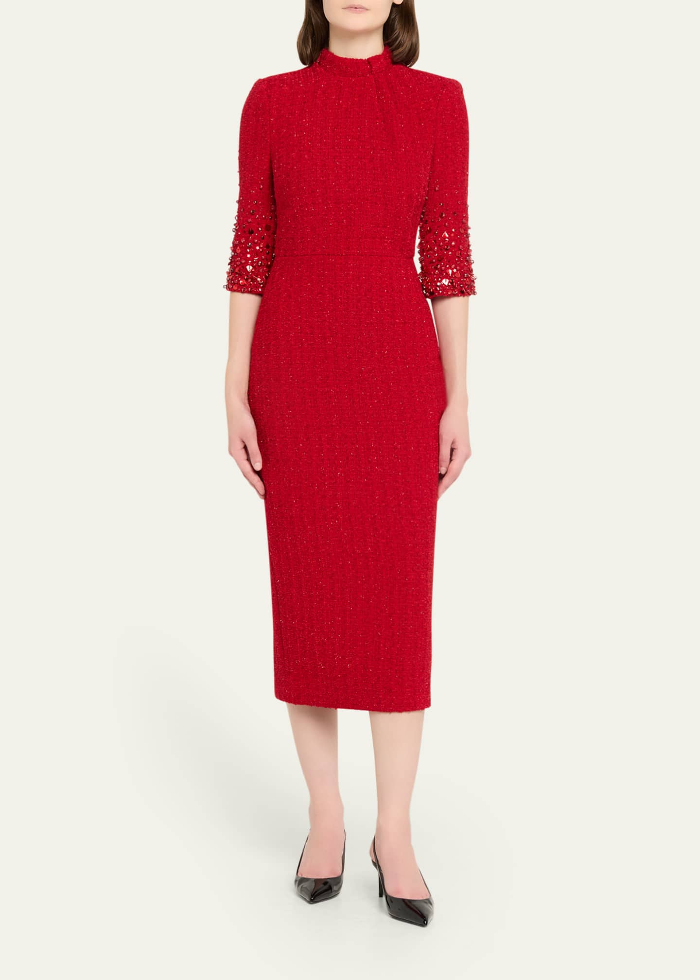Mock-Neck Beaded Shimmer Tweed Midi Dress