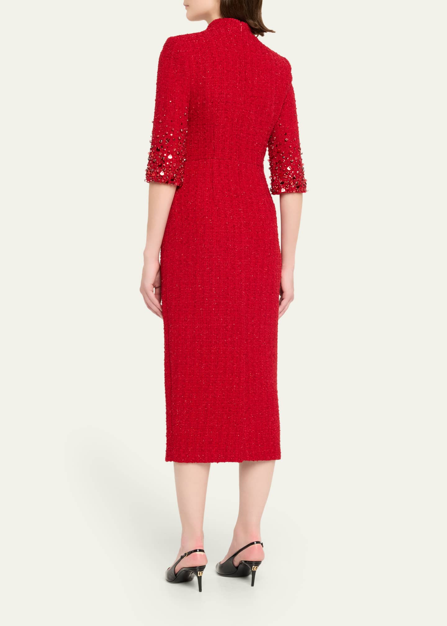 Mock-Neck Beaded Shimmer Tweed Midi Dress