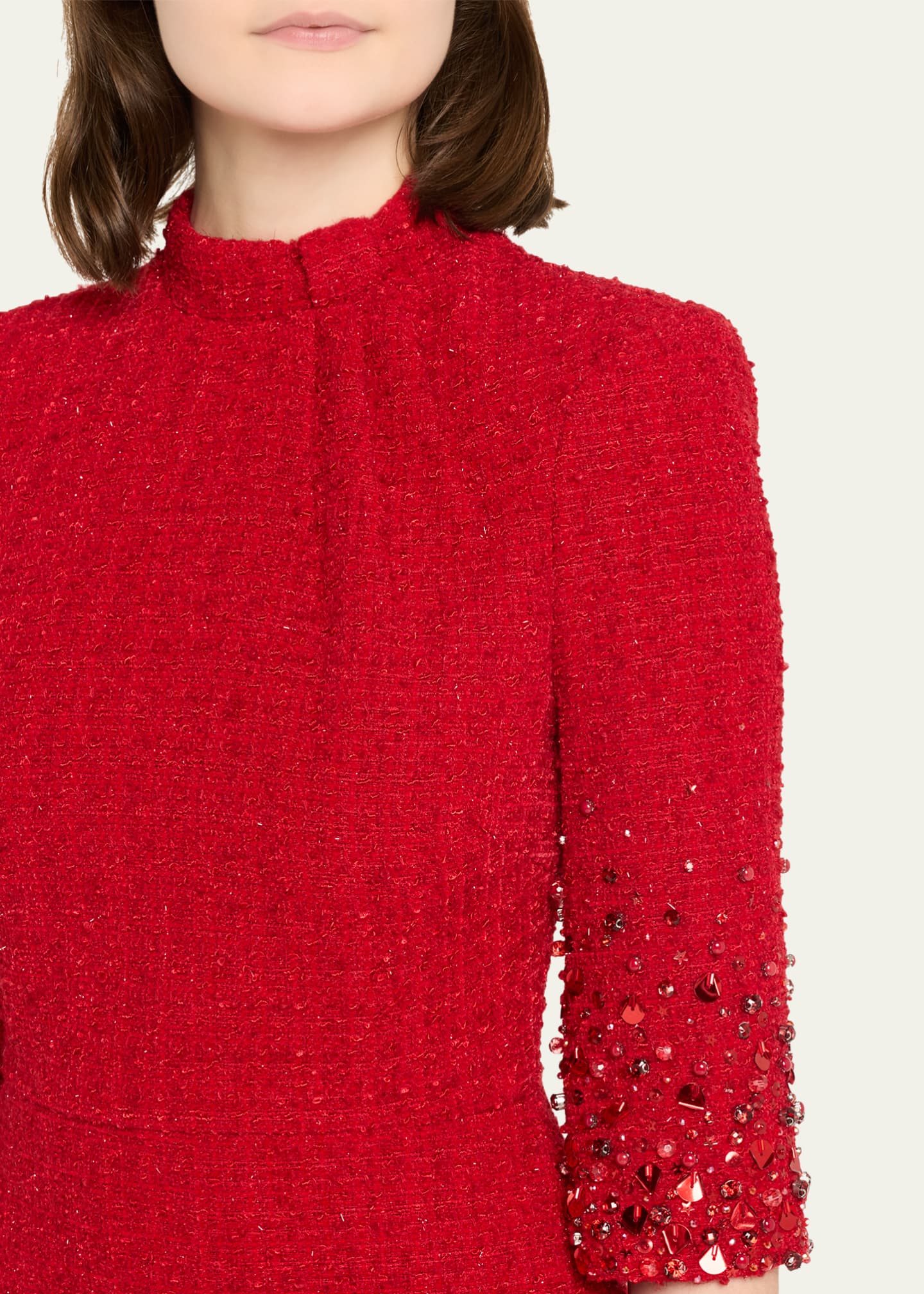 Mock-Neck Beaded Shimmer Tweed Midi Dress