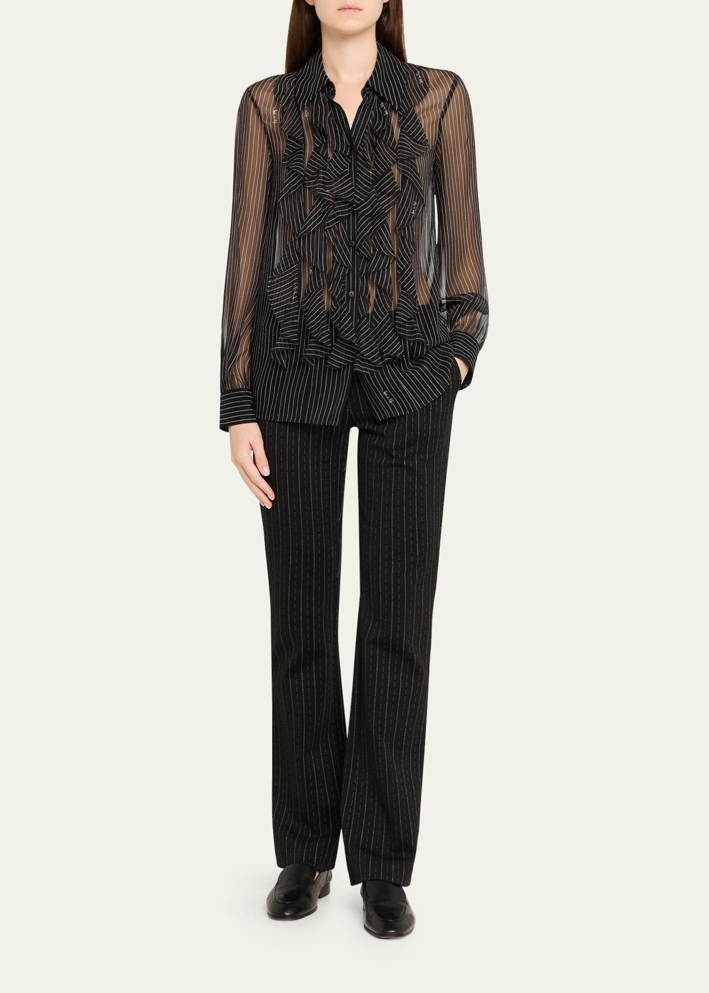 Diane von Furstenberg Eva Sheer Pinstripe Script Ruffle Blouse 