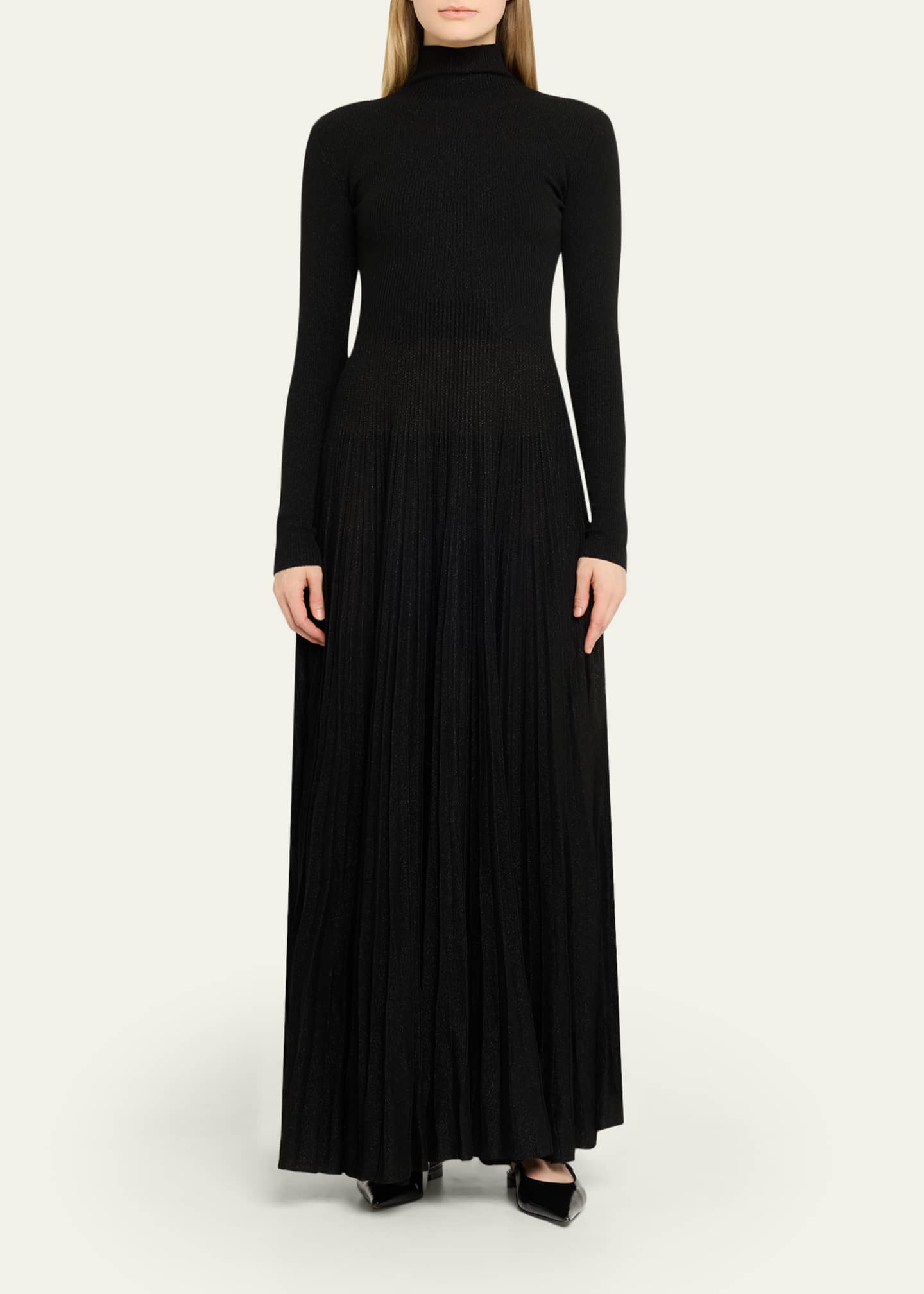 Ralph Lauren Collection Rib-Knit Pleated Turtleneck Gown, Black, Women's, Small, Evening Formal Gala Gowns Mother of the Bride Groom Evening Gowns