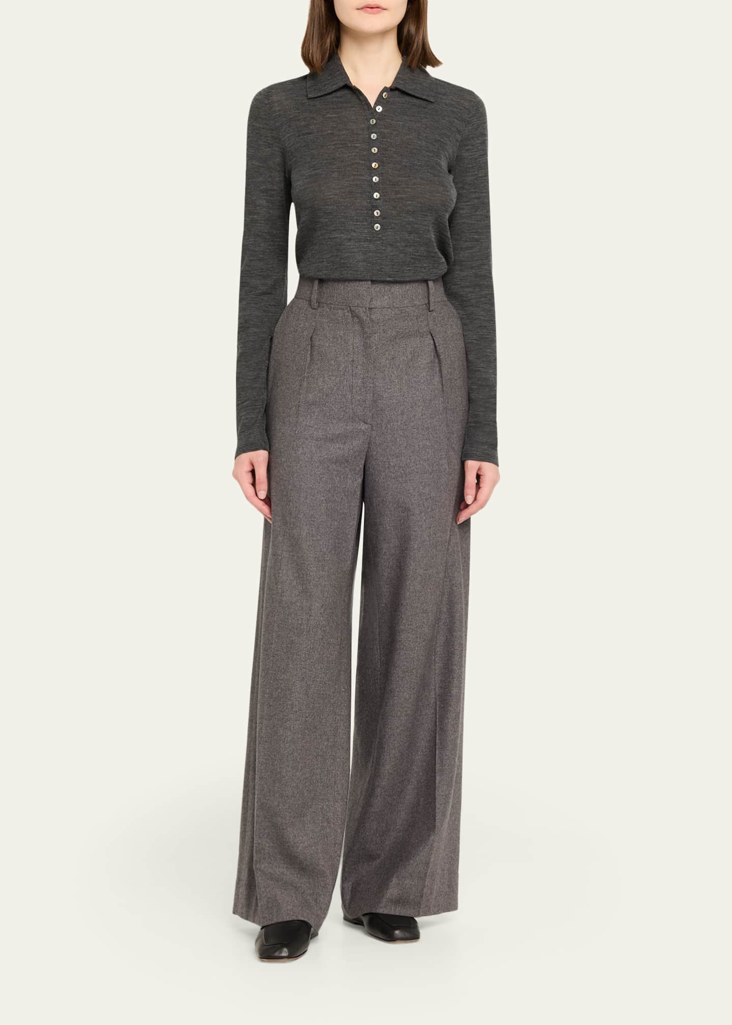 Long-Sleeve Fine Wool Buttoned Top