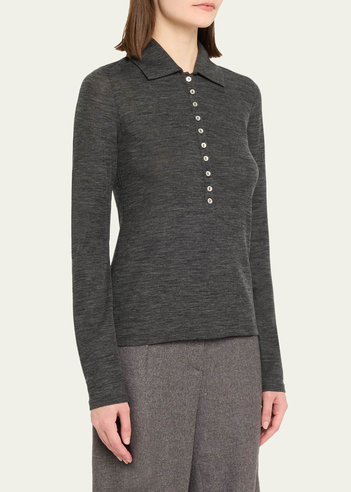 Long-Sleeve Fine Wool Buttoned Top