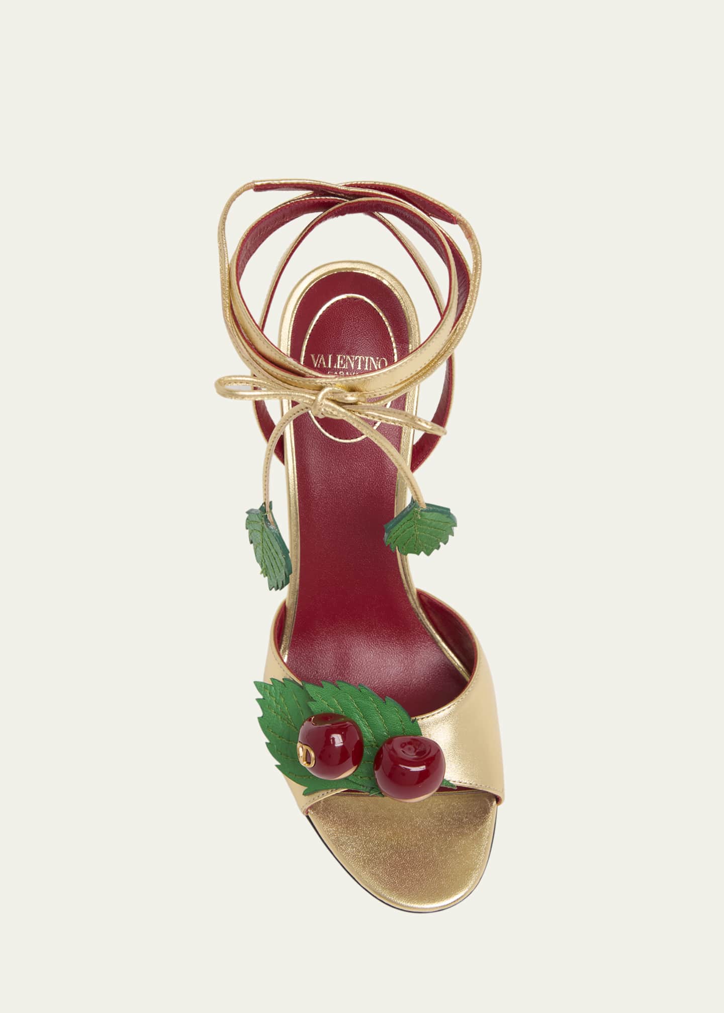 Valentino Garavani 100mm VLogo Cherry Leather Ankle-Tie Sandals