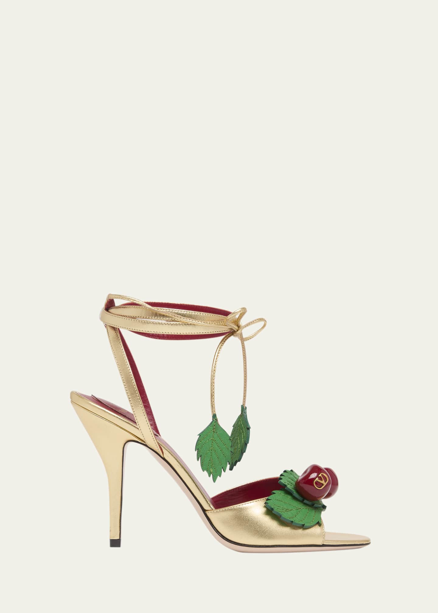 Valentino Garavani 100mm VLogo Cherry Leather Ankle-Tie Sandals