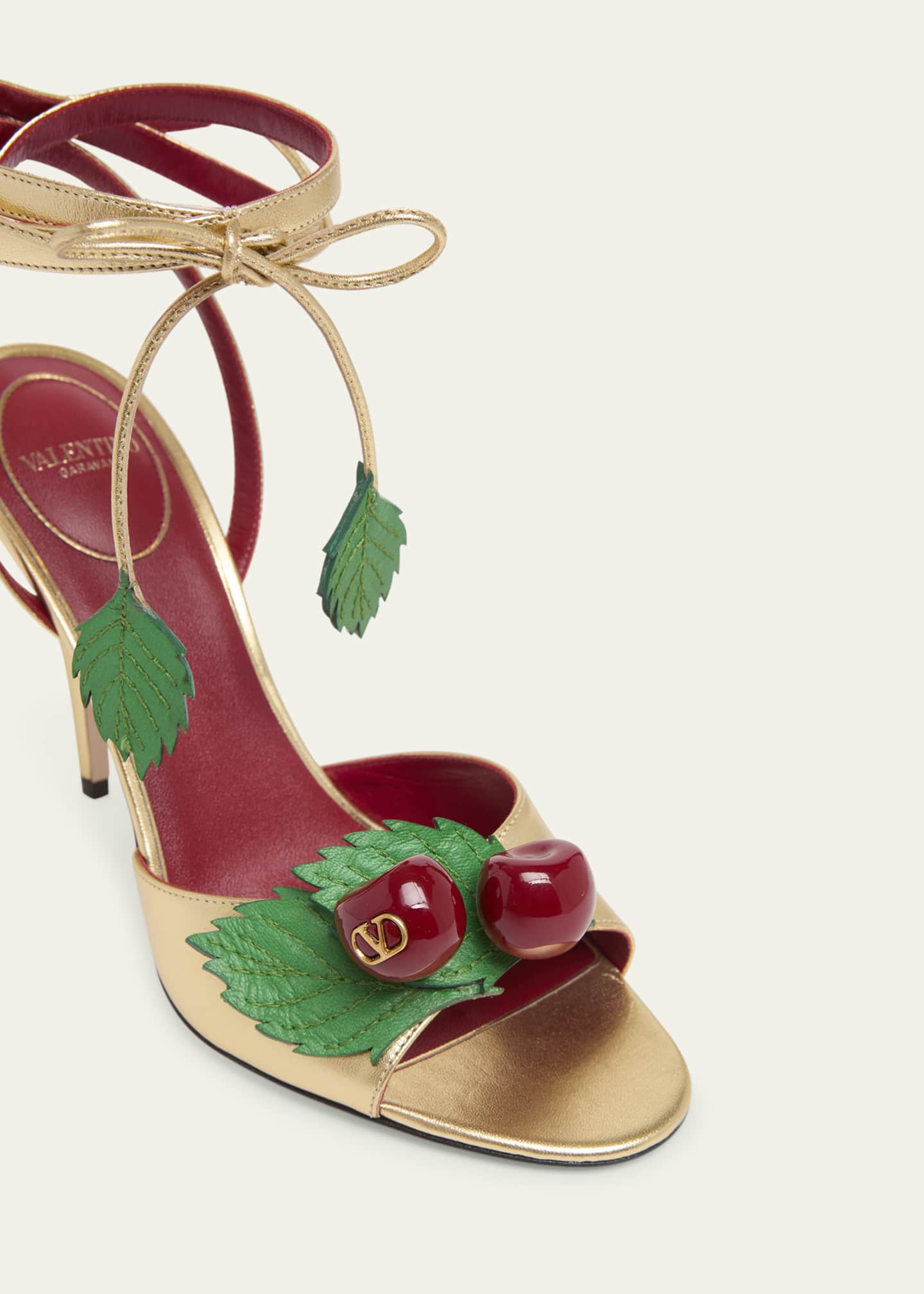 Valentino Garavani 100mm VLogo Cherry Leather Ankle-Tie Sandals