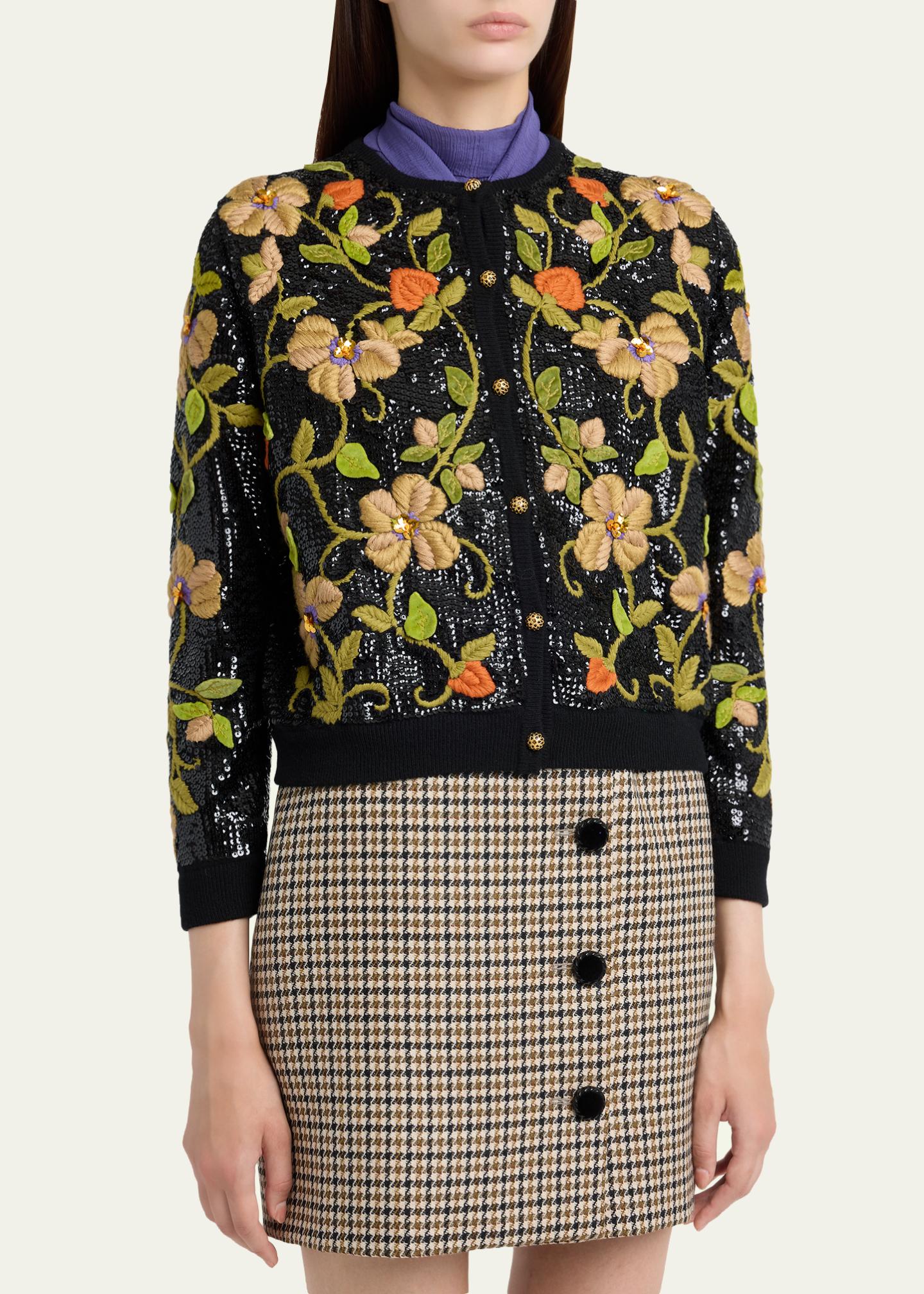 Valentino Garavani Sequined Floral Embroidered Crewneck Cardigan