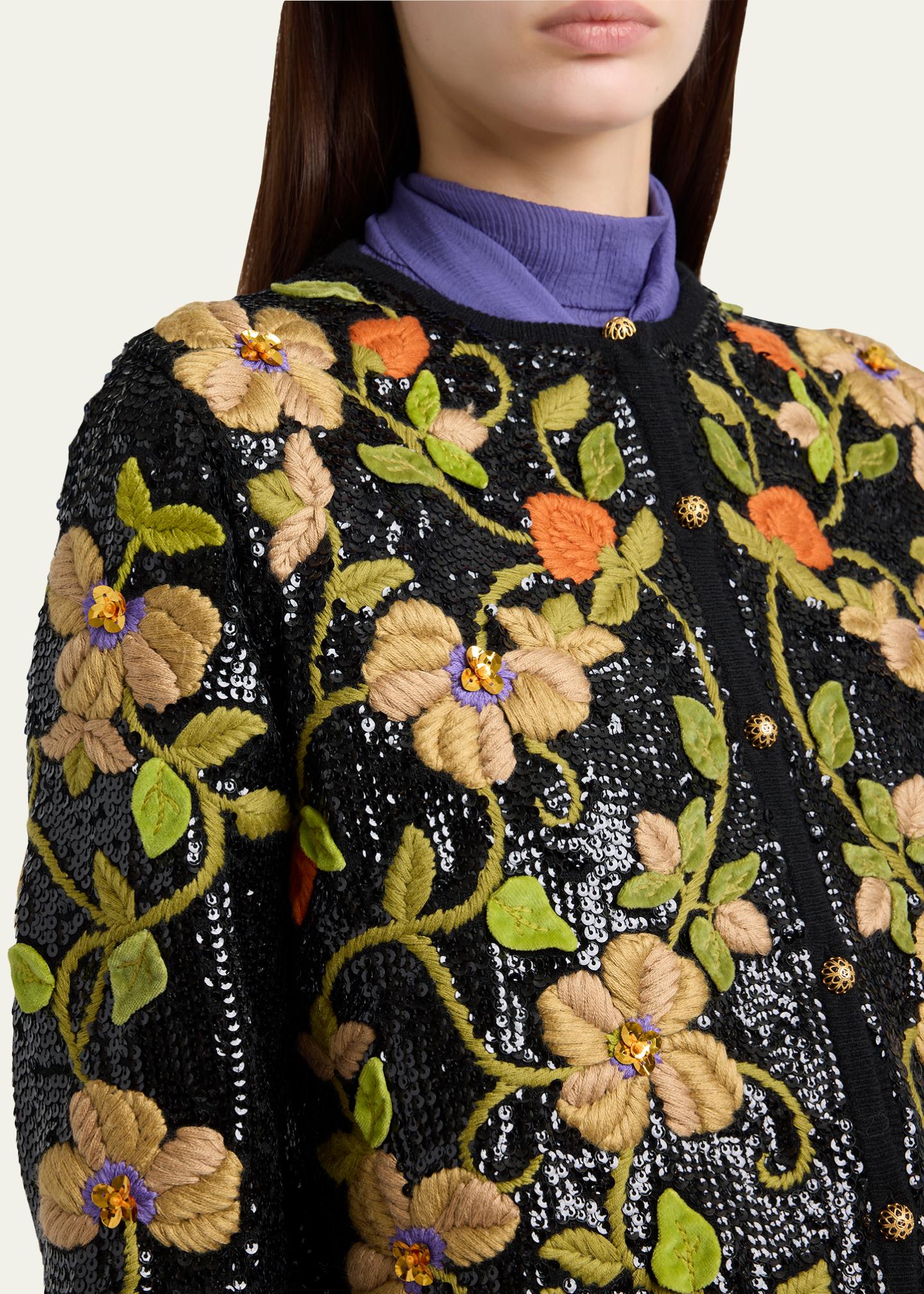 Valentino Garavani Sequined Floral Embroidered Crewneck Cardigan
