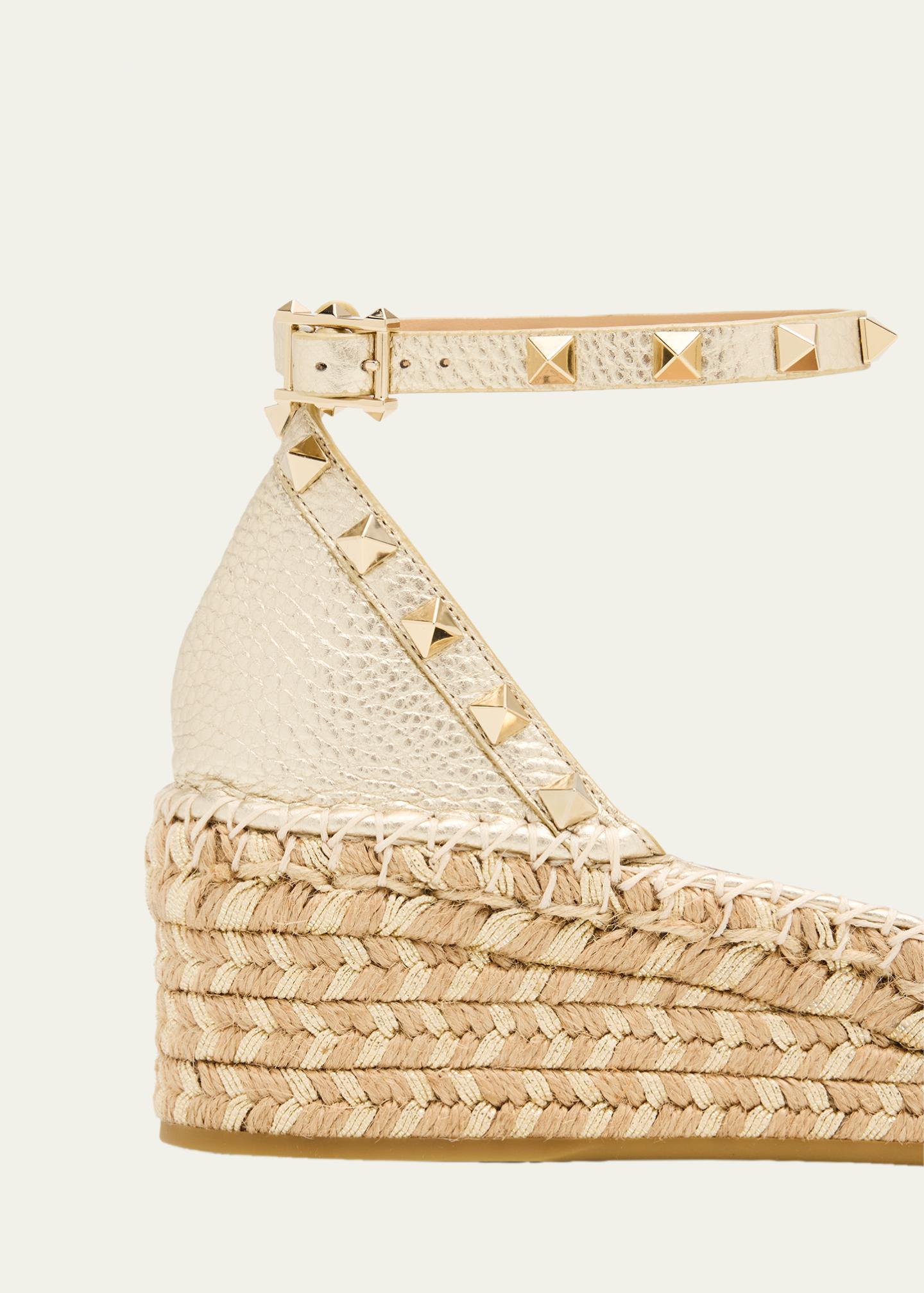 Valentino Garavani 55mm Rockstud Metallic Leather Wedge Espadrille